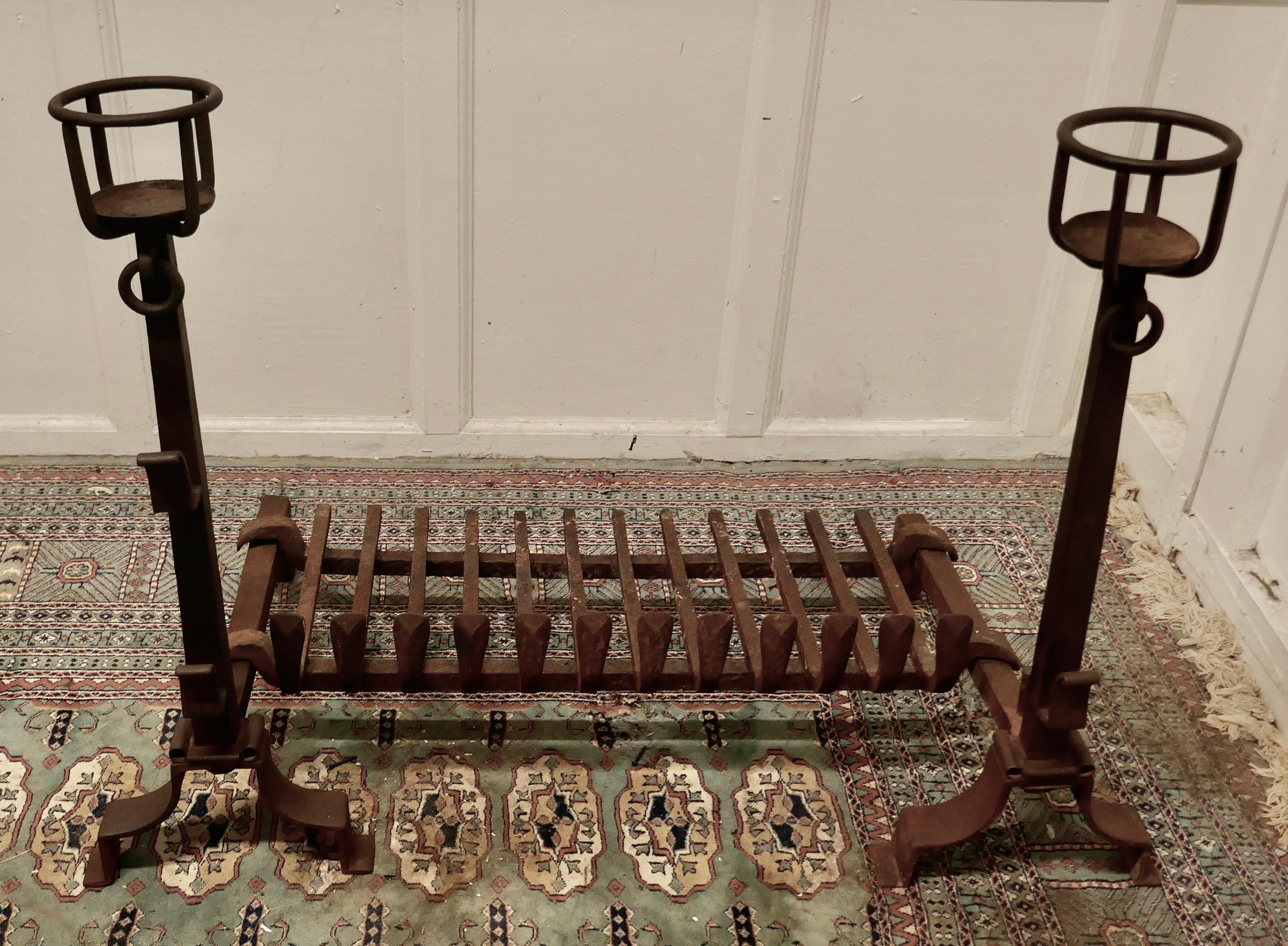 Very Large Early 19th Century French Fire Grate Set on Iron Andirons For Sale 2