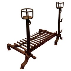 Very Large Early 19th Century French Fire Grate Set on Iron Andirons