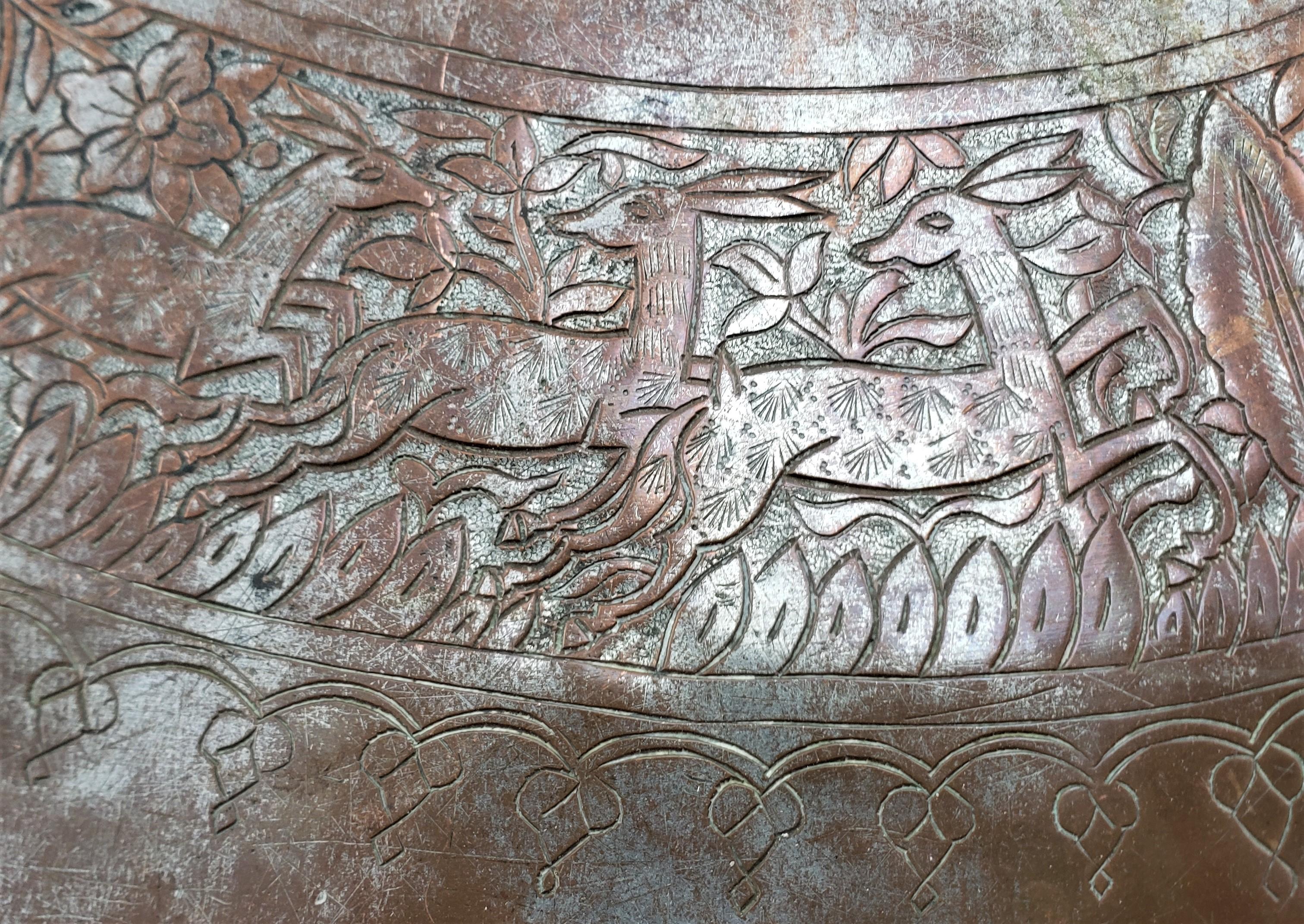 Very Large East Indian Copper Serving Tray or Table Top with Engraved Decoration In Good Condition In Hamilton, Ontario