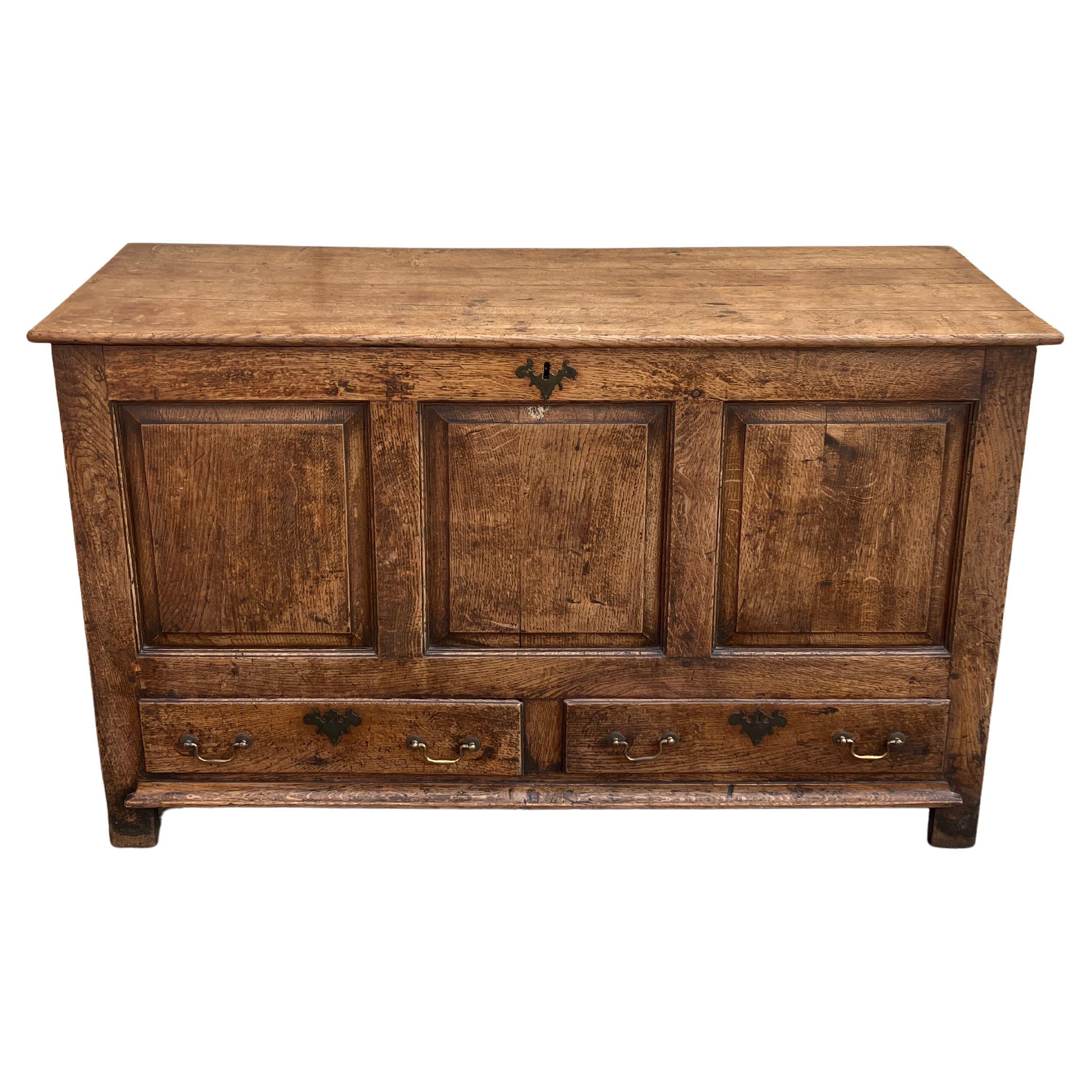 Very large English antique solid oak mule chest coffer with drawers from 1790 For Sale