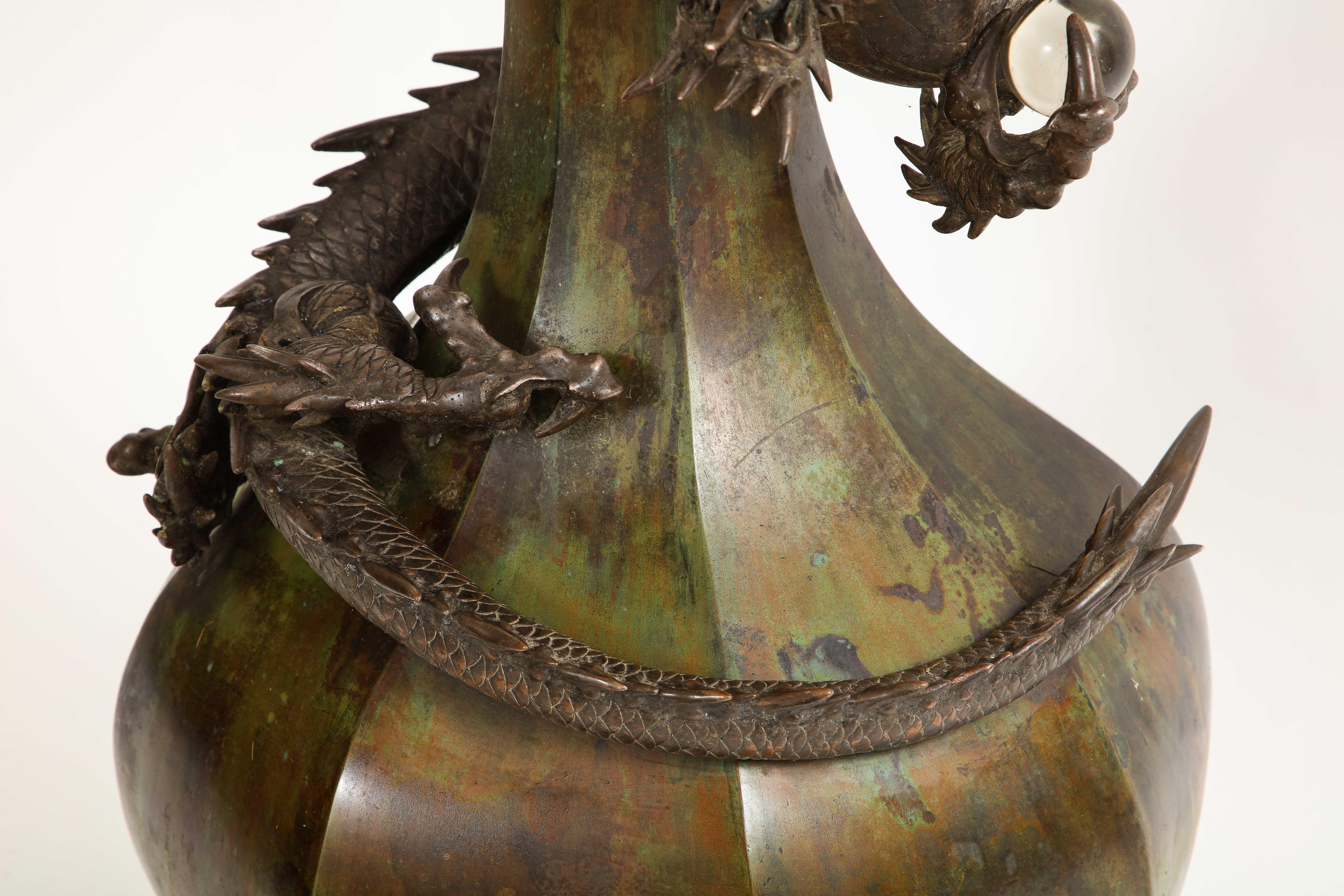 Very Large Fantastic Japanese Meji Period Patinated Bronze Dragon Vase For Sale 7