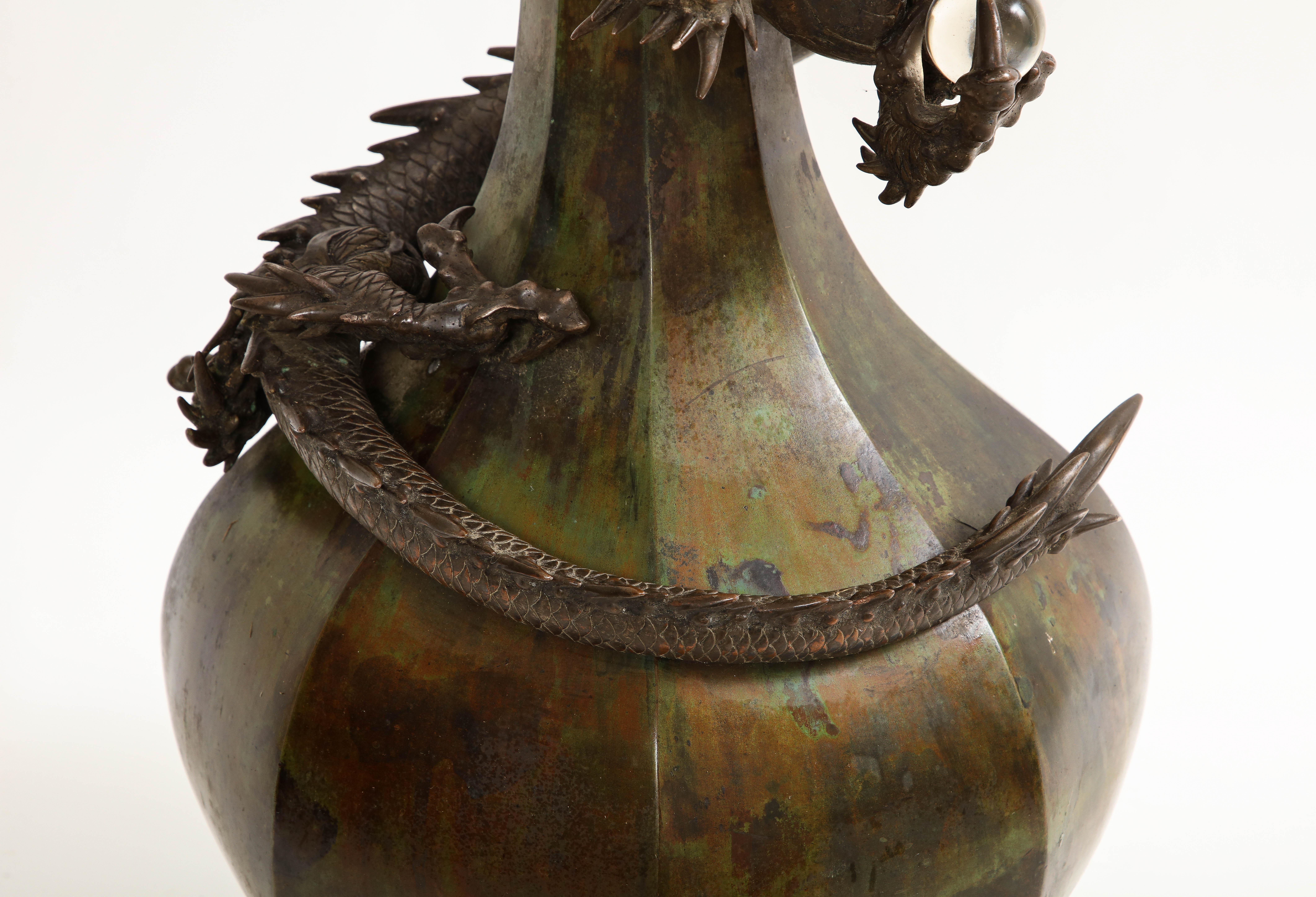Very Large Fantastic Japanese Meji Period Patinated Bronze Dragon Vase For Sale 8