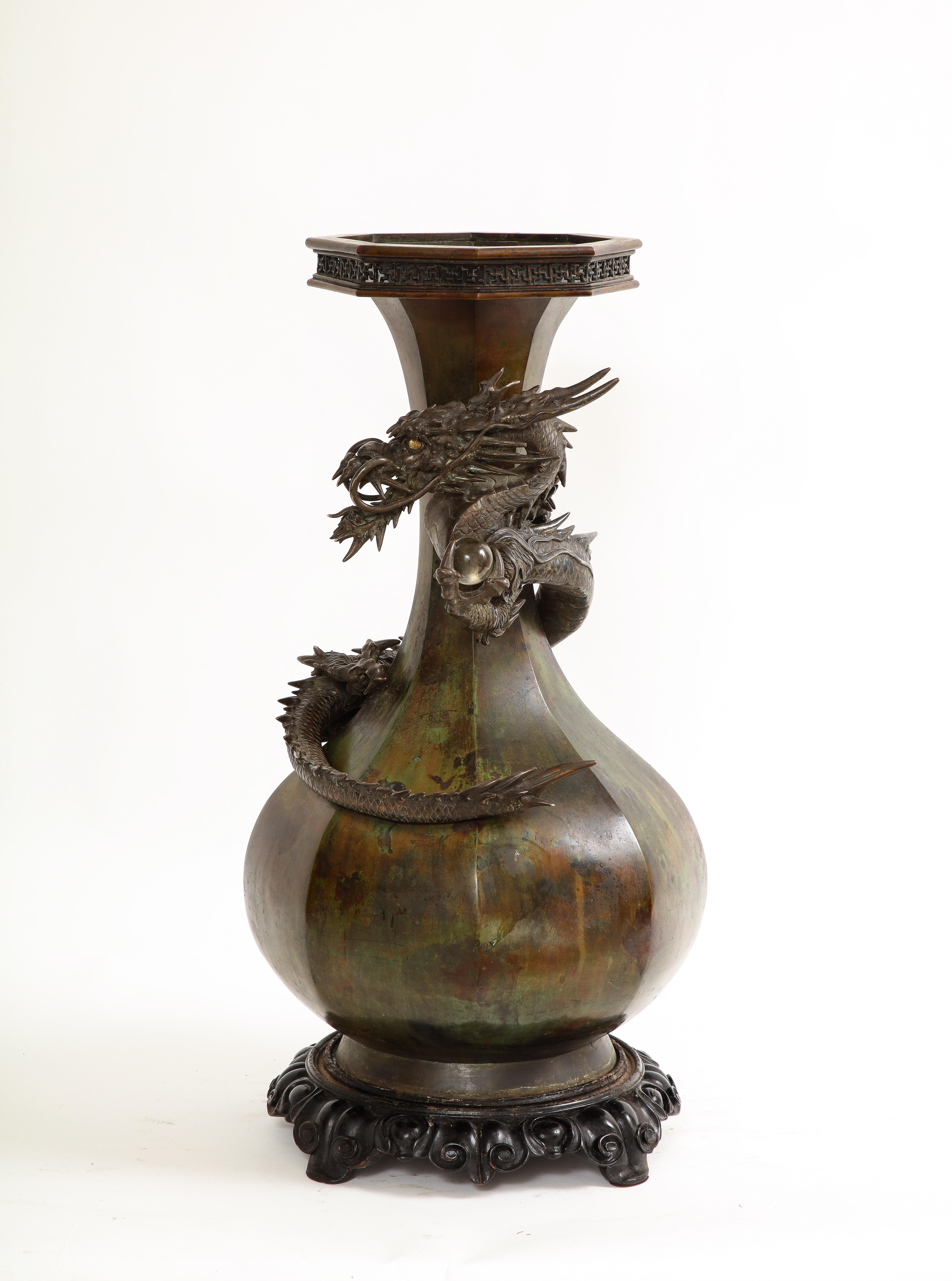 Meiji Very Large Fantastic Japanese Meji Period Patinated Bronze Dragon Vase For Sale