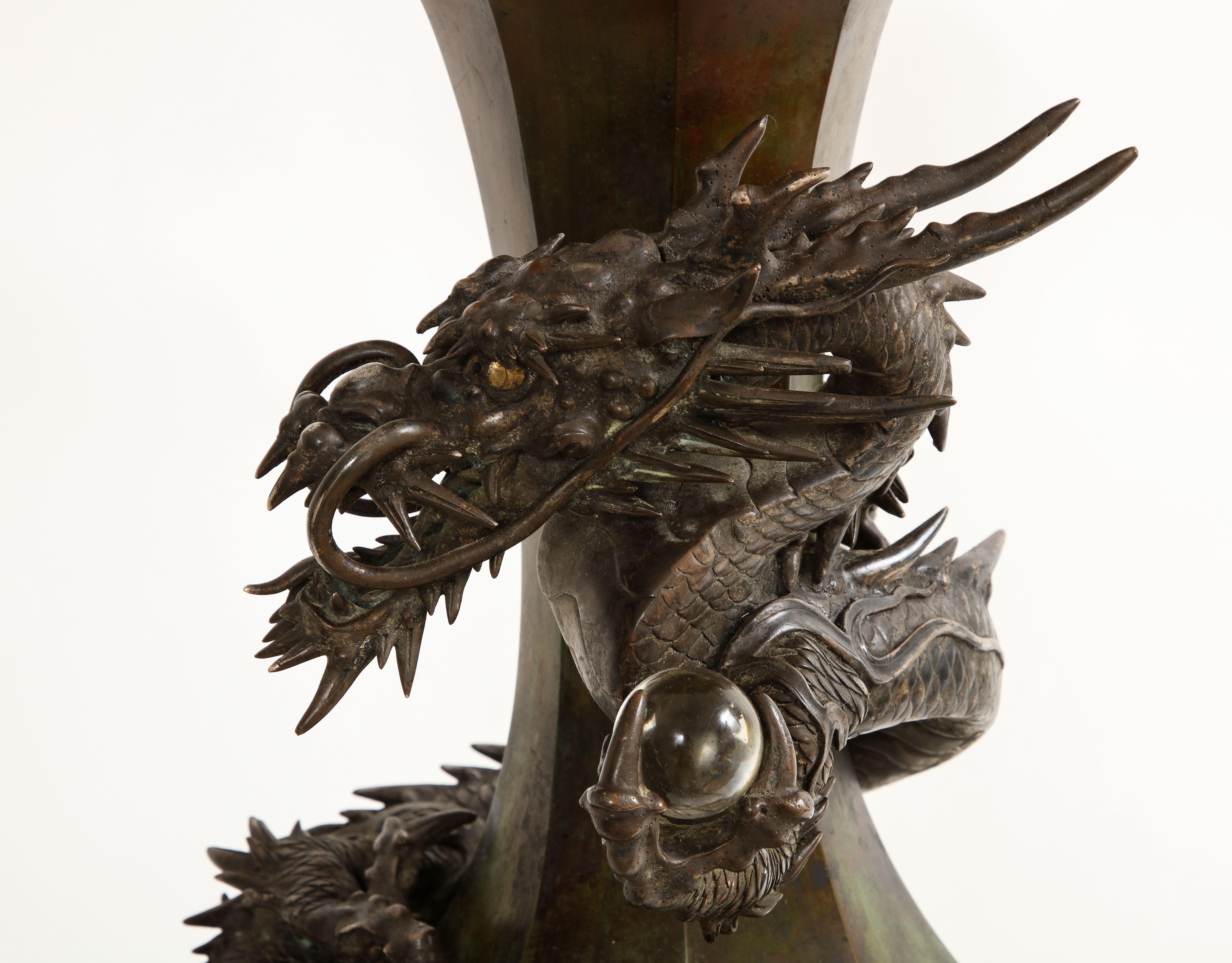Very Large Fantastic Japanese Meji Period Patinated Bronze Dragon Vase For Sale 4
