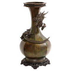 Very Large Fantastic Japanese Meji Period Patinated Bronze Dragon Vase