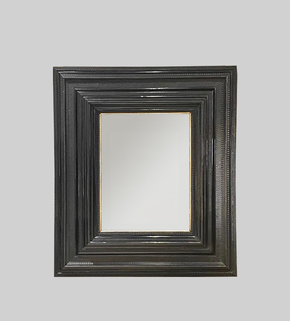 Large Flemish ebonized mirror, Guilloche hand carving, low countries
Measures: H: 60, W: 53 in. (Frame is 13