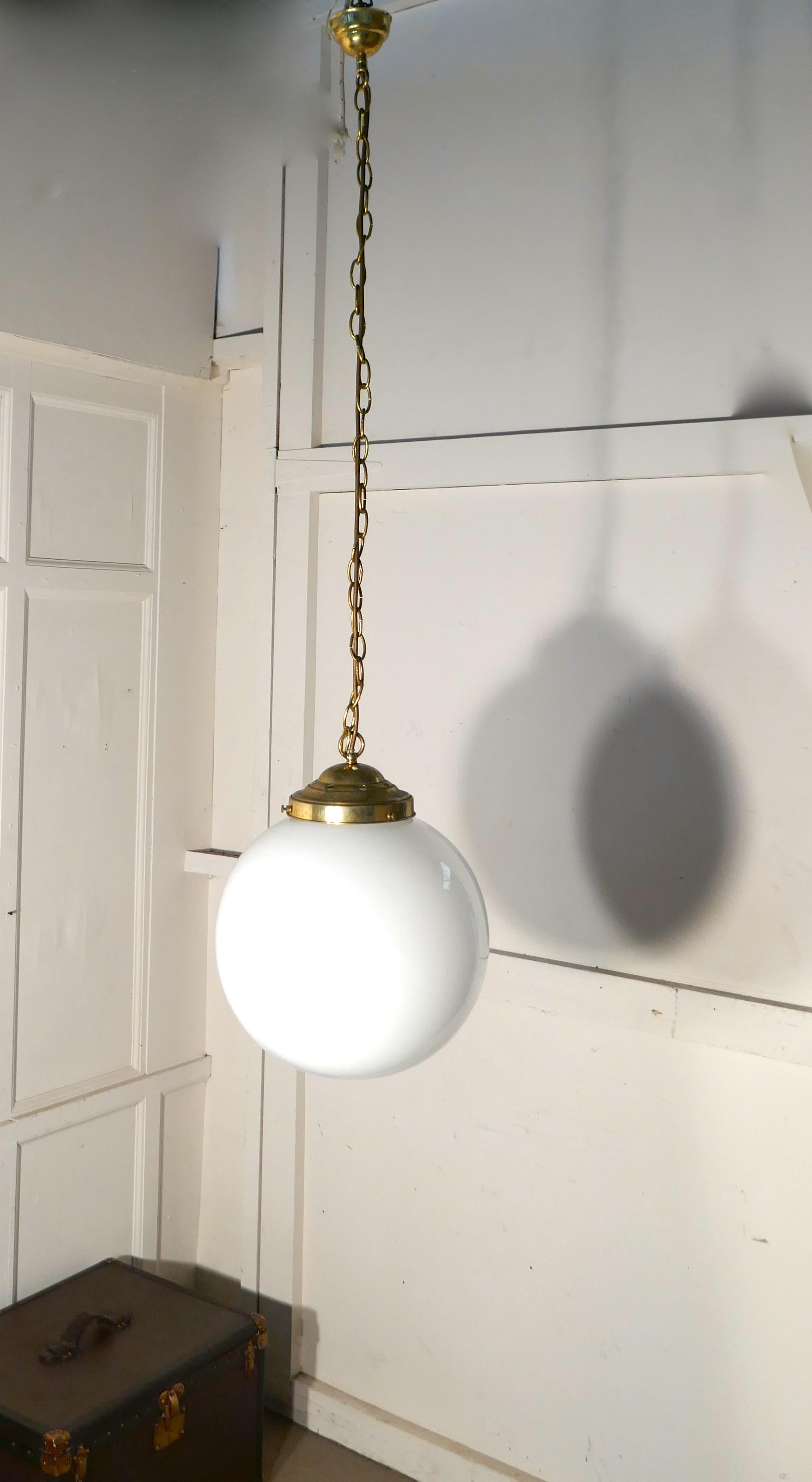 Very Large French Art Deco Globe Glass Hanging Pendant Lights 12 in Stock 1