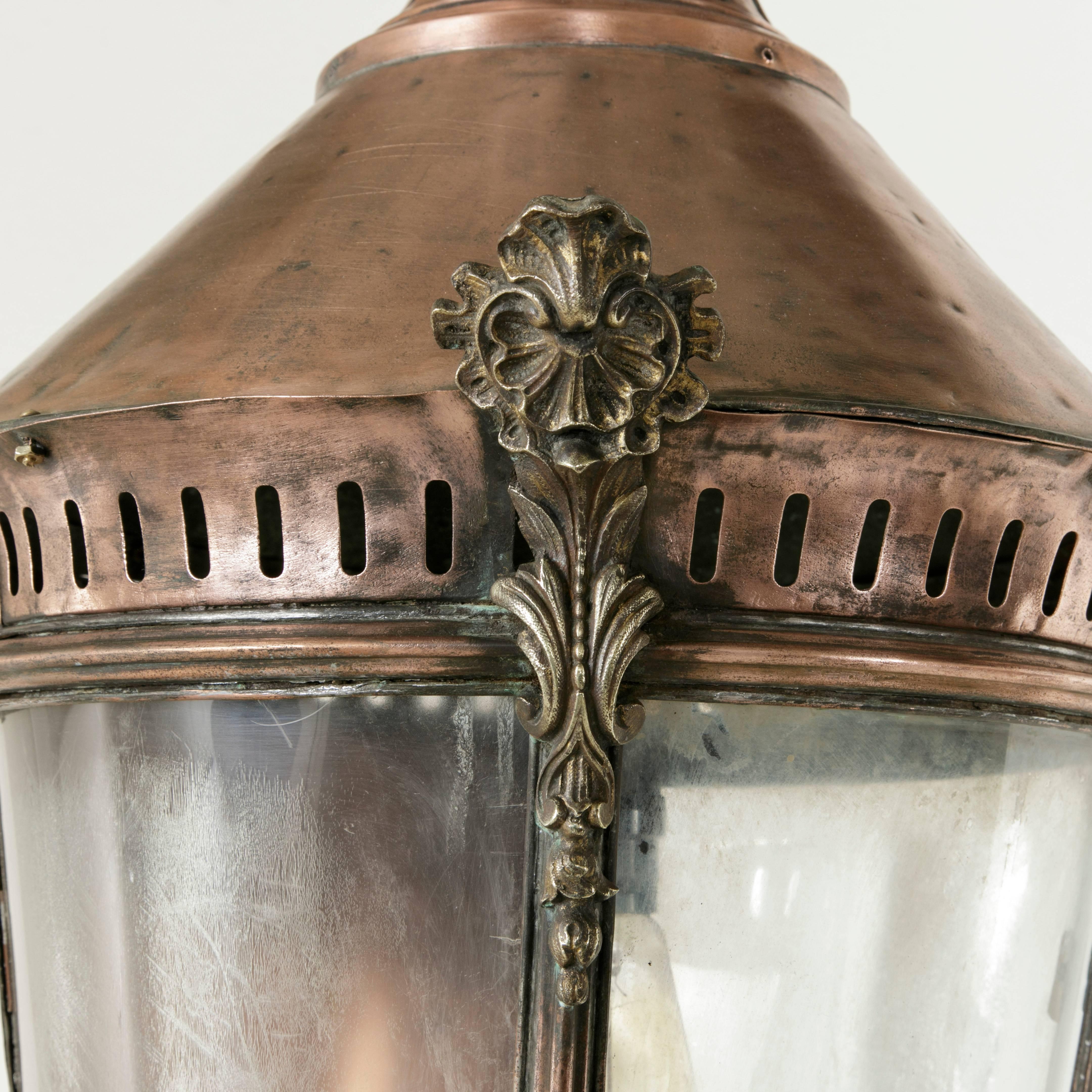 Very Large French Copper and Brass Hanging Lantern with Iron Chain, circa 1900 5