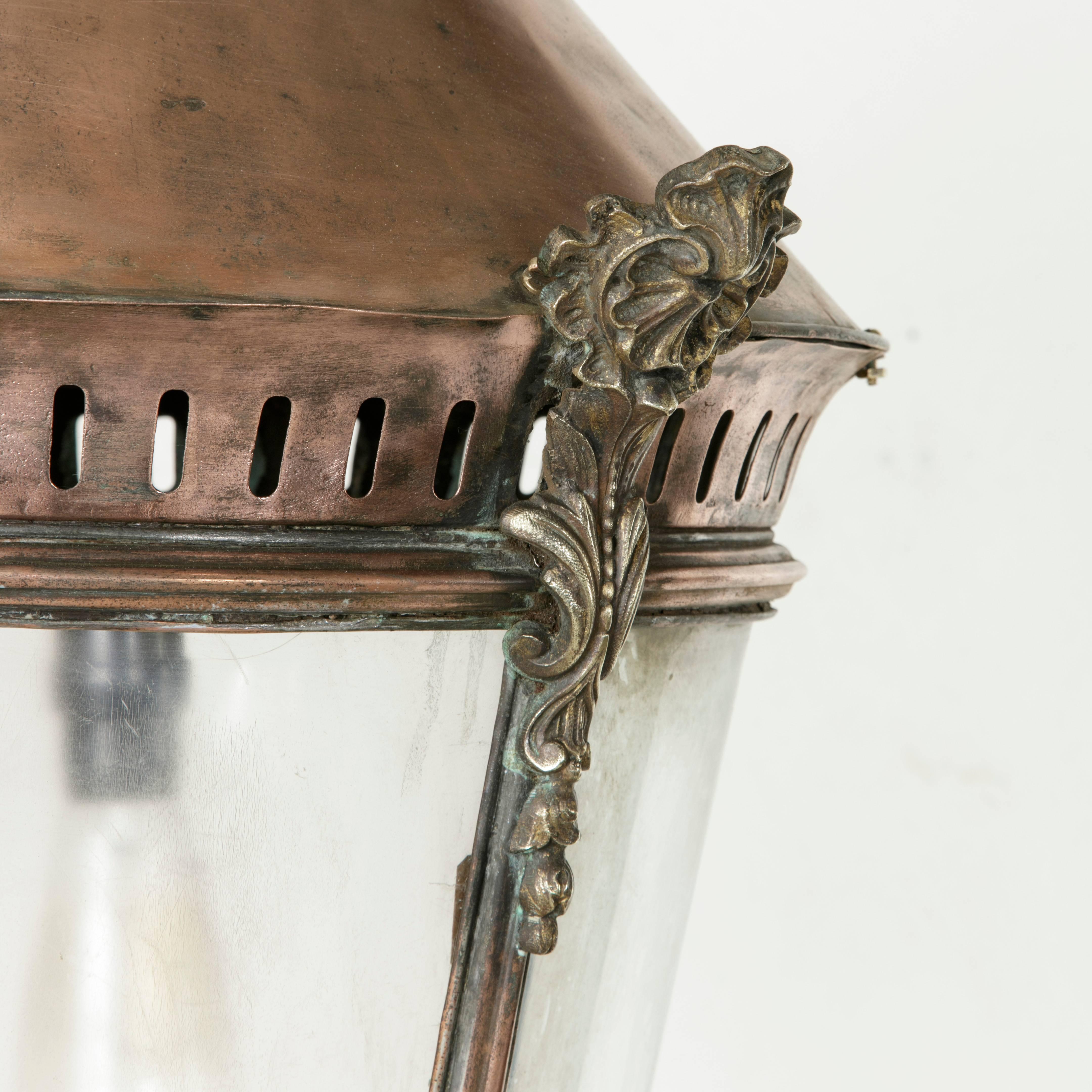 Very Large French Copper and Brass Hanging Lantern with Iron Chain, circa 1900 6