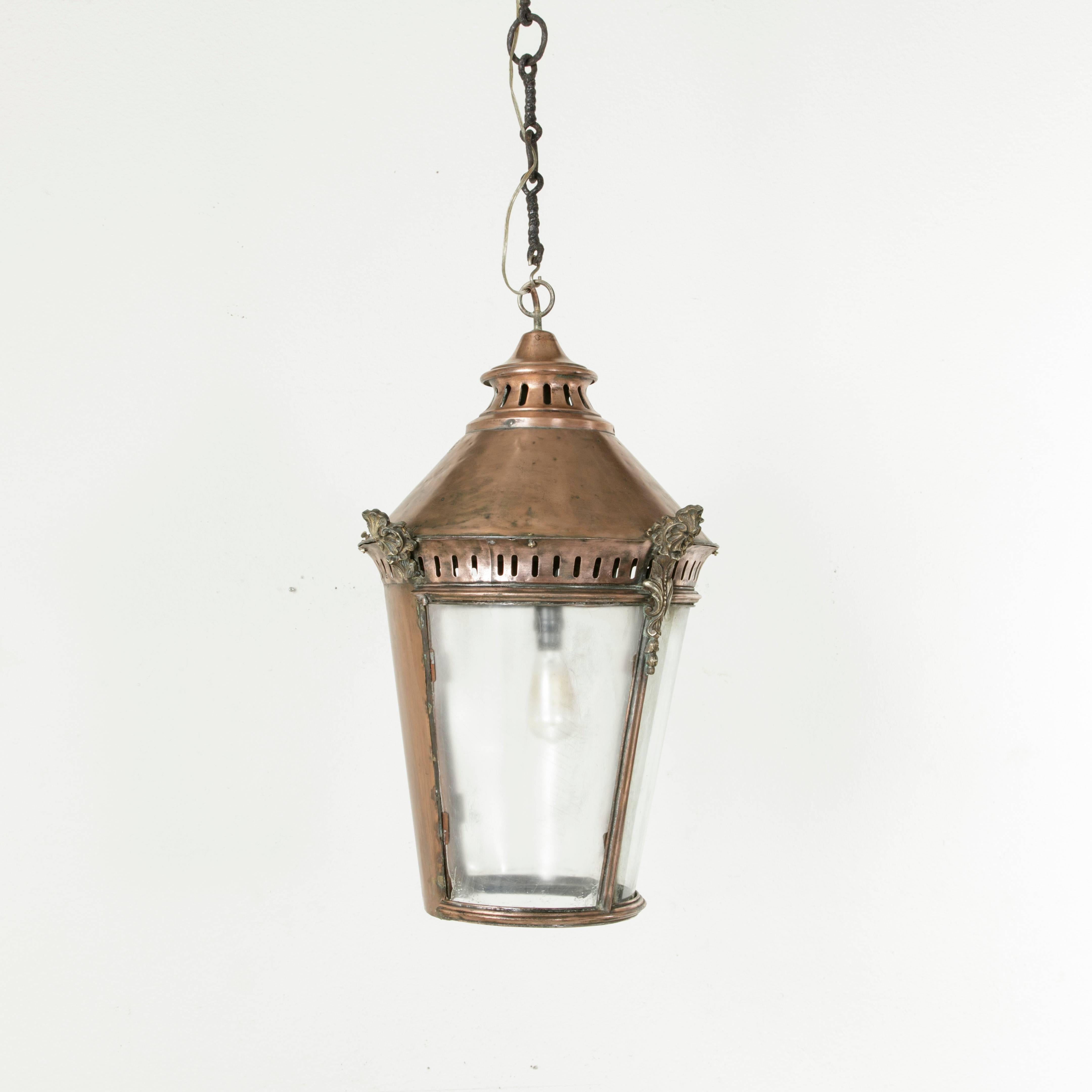 Very Large French Copper and Brass Hanging Lantern with Iron Chain, circa 1900 1
