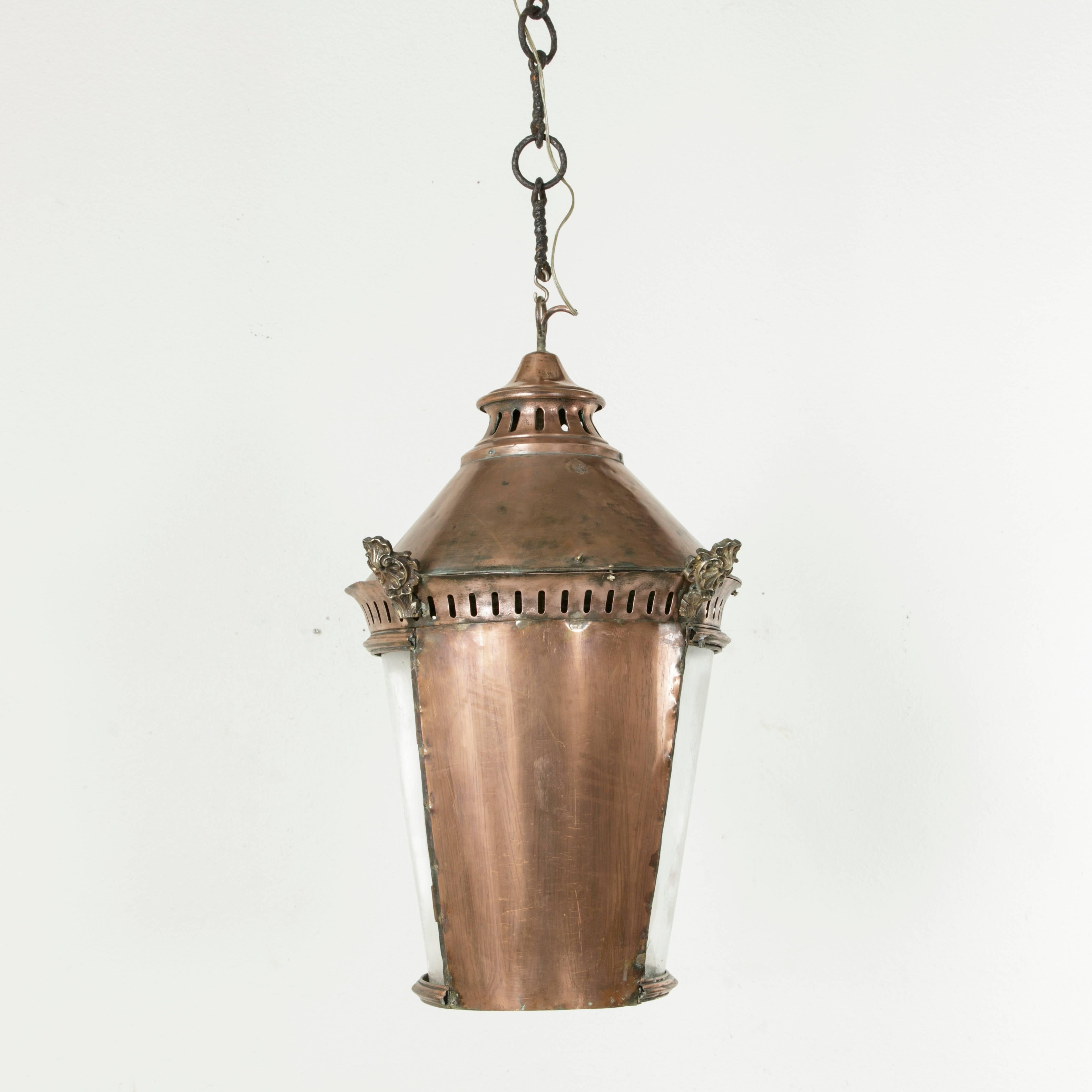 Very Large French Copper and Brass Hanging Lantern with Iron Chain, circa 1900 2