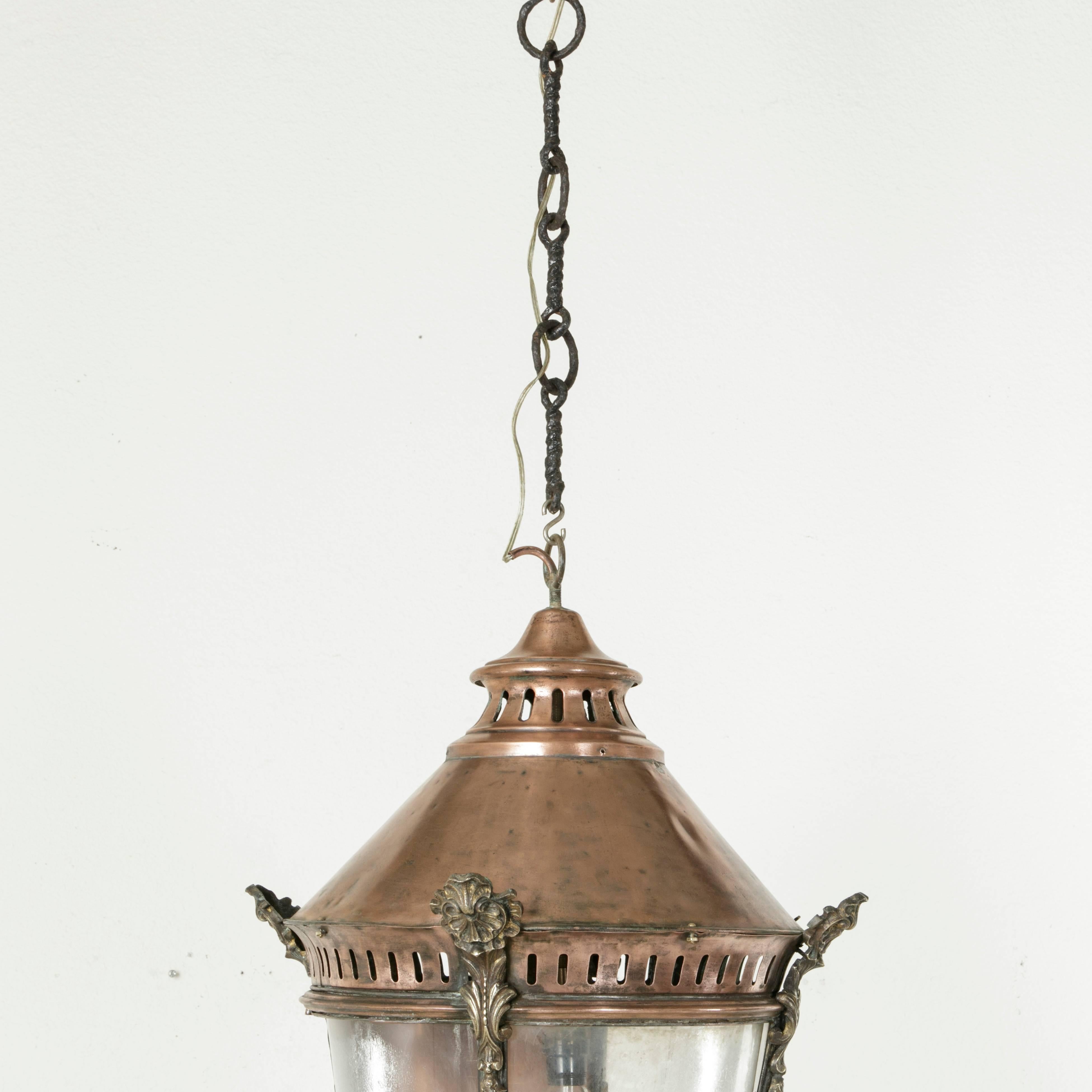 Very Large French Copper and Brass Hanging Lantern with Iron Chain, circa 1900 3