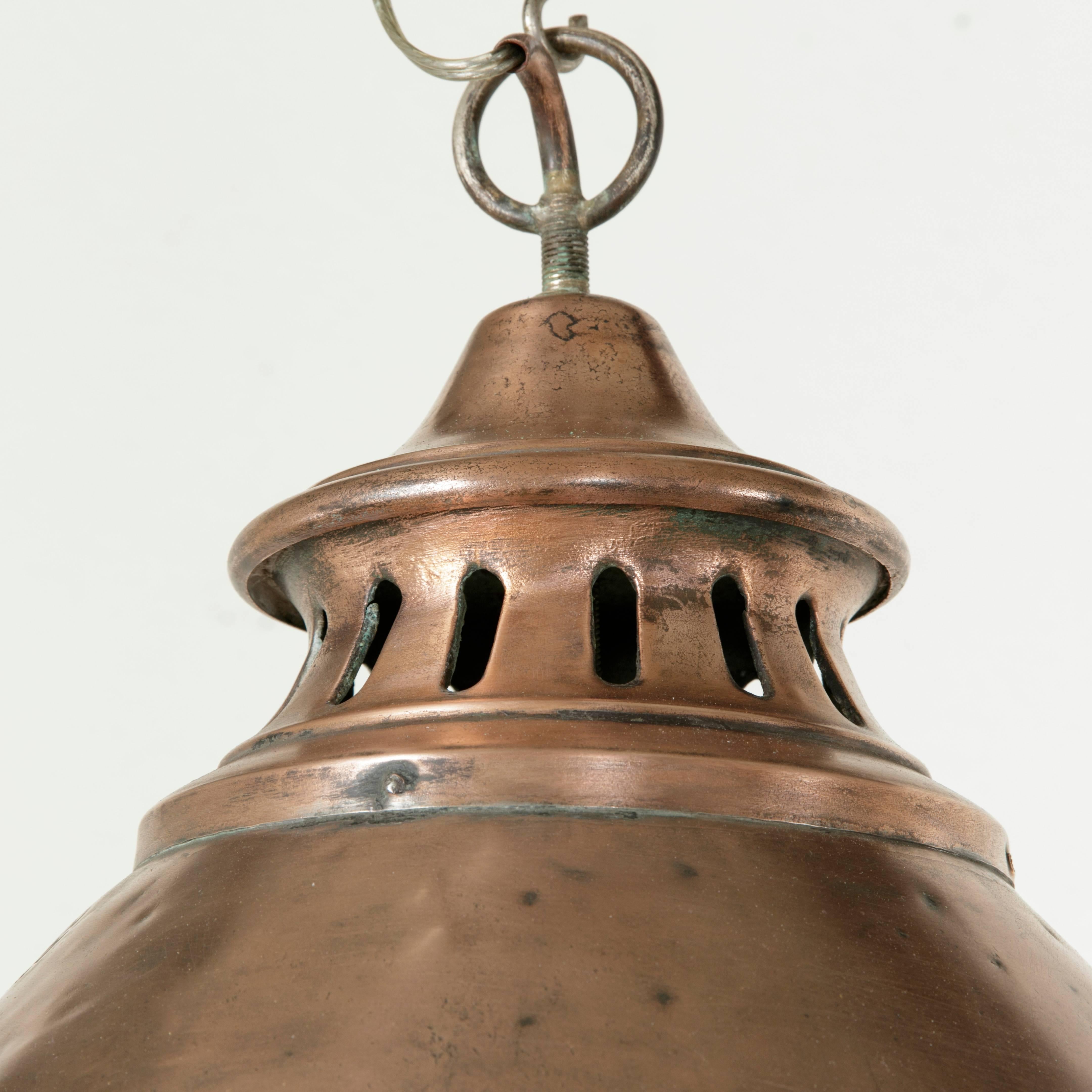 Very Large French Copper and Brass Hanging Lantern with Iron Chain, circa 1900 4