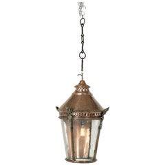 Very Large French Copper and Brass Hanging Lantern with Iron Chain, circa 1900