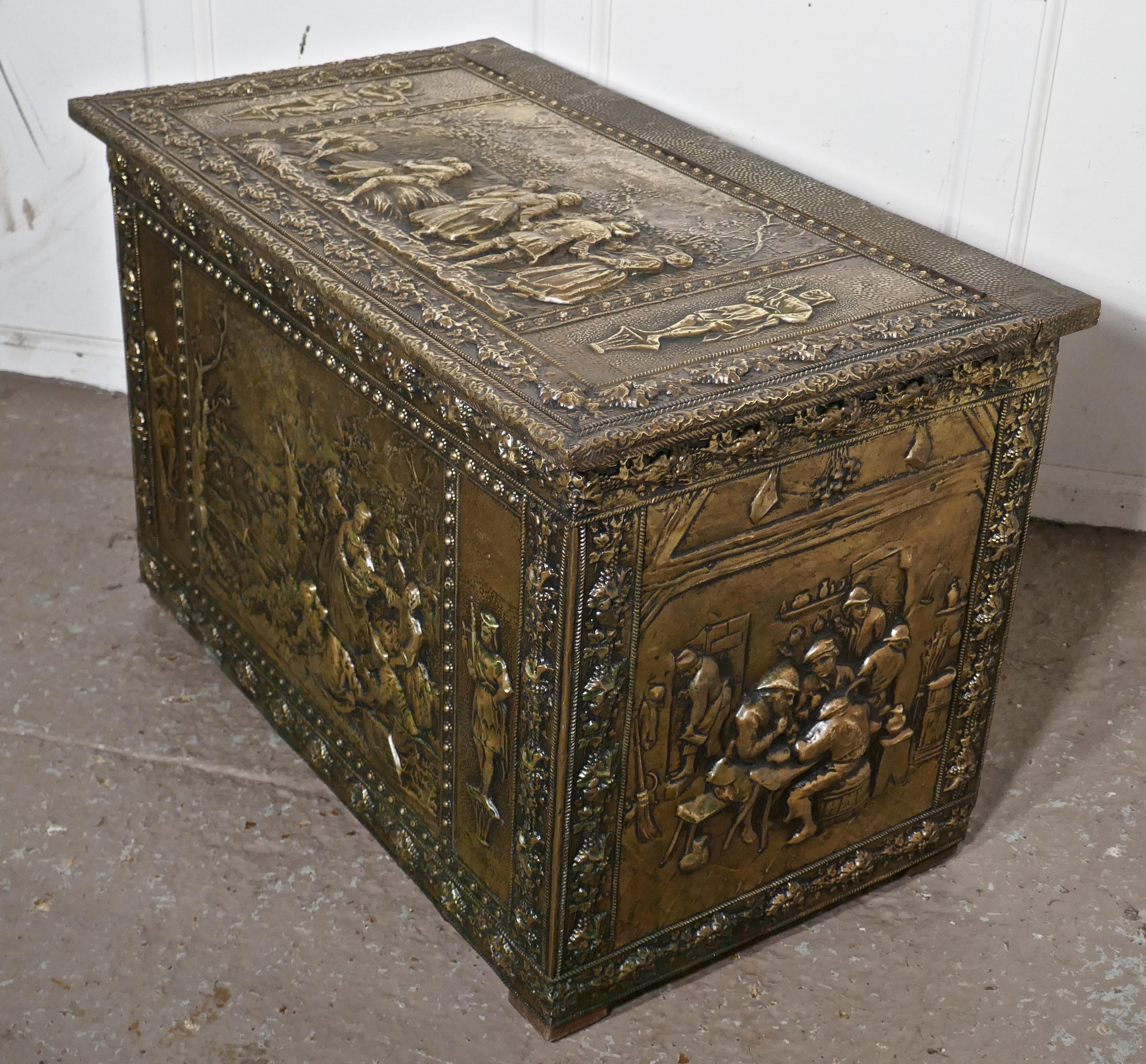 Early 20th Century Very Large French Embossed Brass Log Box, with Country Scenes