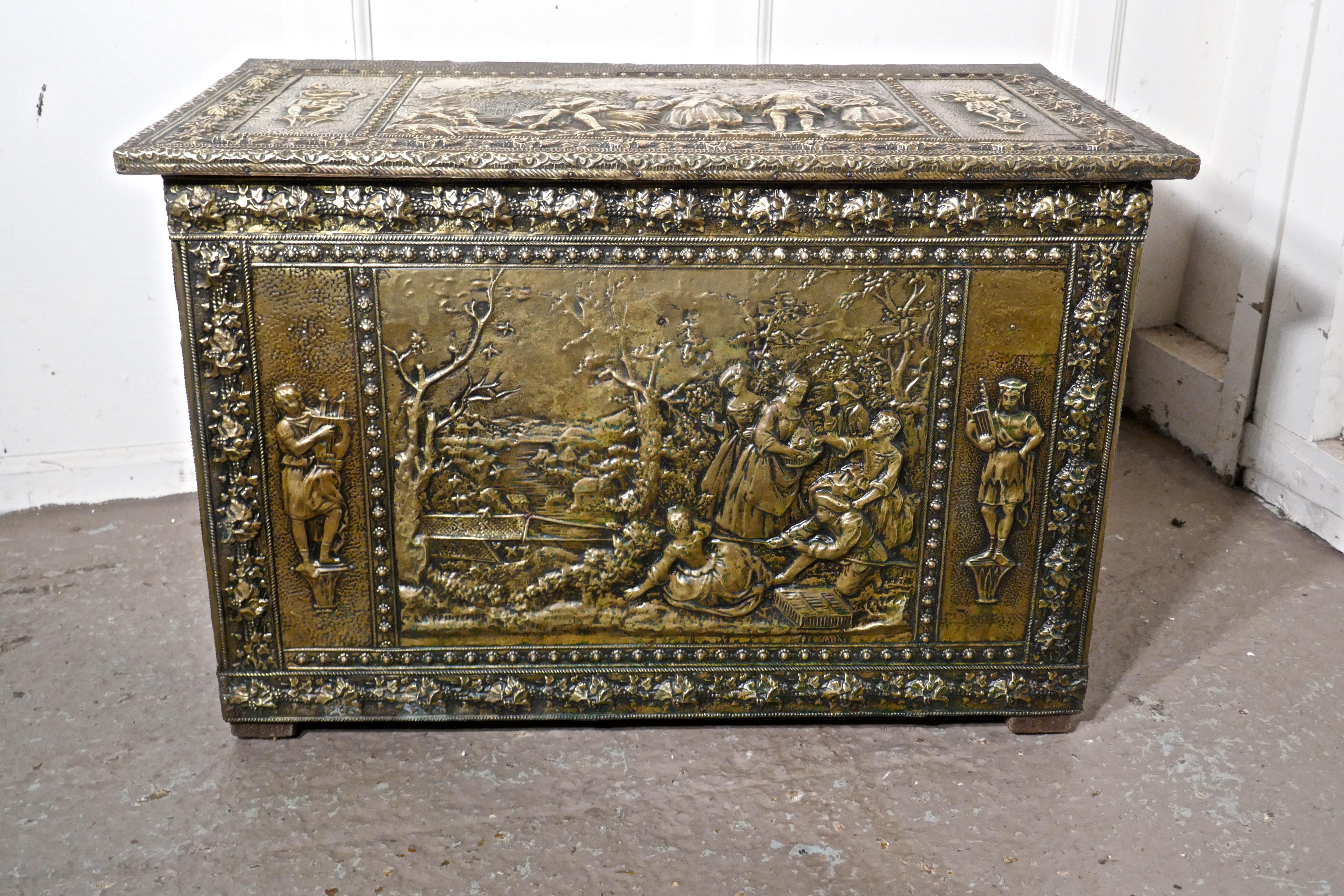 Very Large French Embossed Brass Log Box, with Country Scenes 1