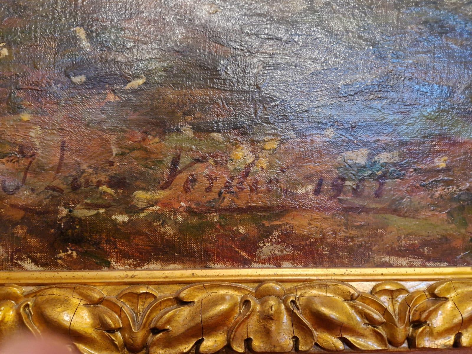 Great Barbizonian Landscape Of JL Verdié
Very large oil on canvas in the style of Barbizon signed Jean-Louis Verdié. This lake landscape typical of paintings of this period bears a copper cartouche mentioning that it was exhibited at the salon of