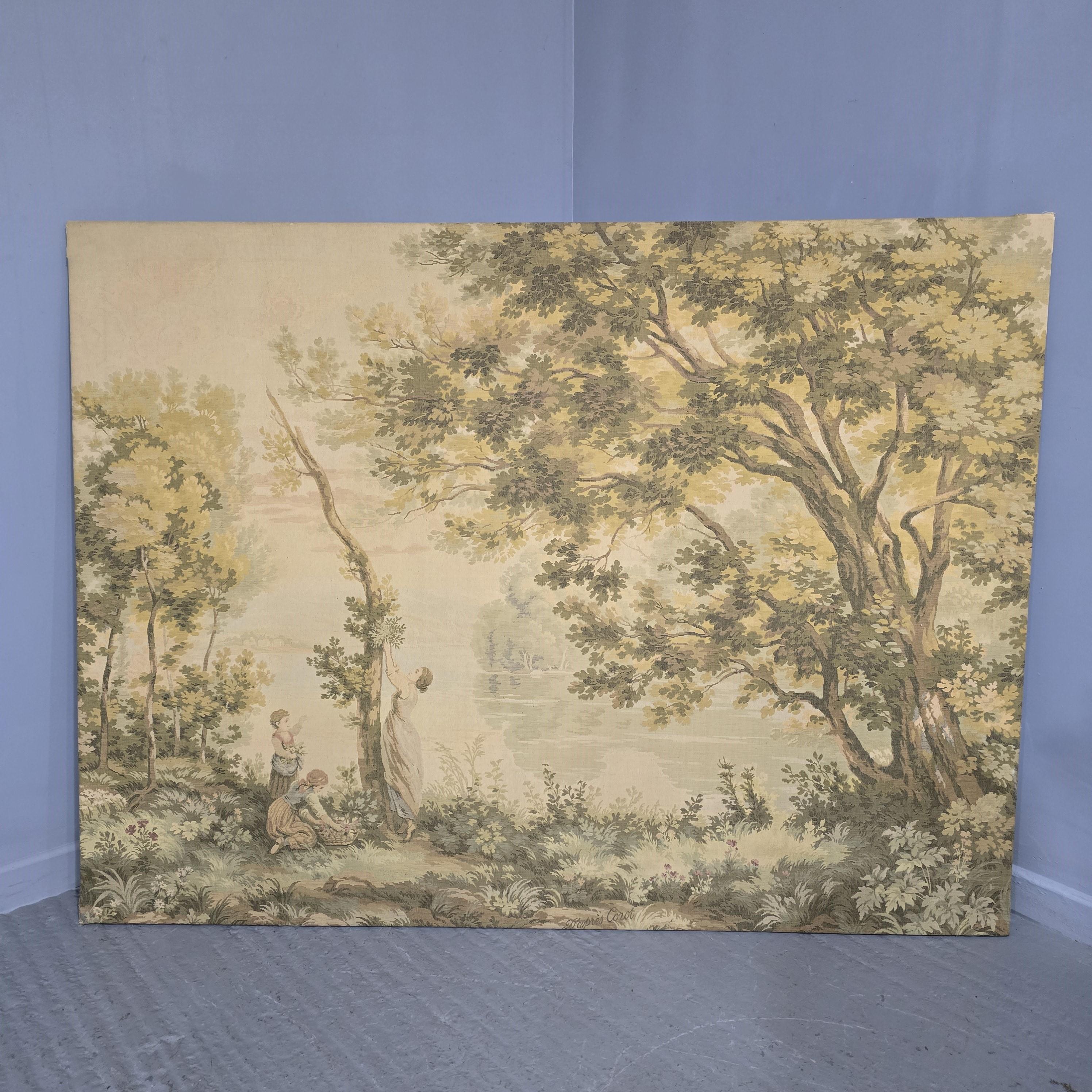 Large French tapestry fixed to a frame with hanging hooks,signature to the bottom, in overall excellent overall condition.

55.5
