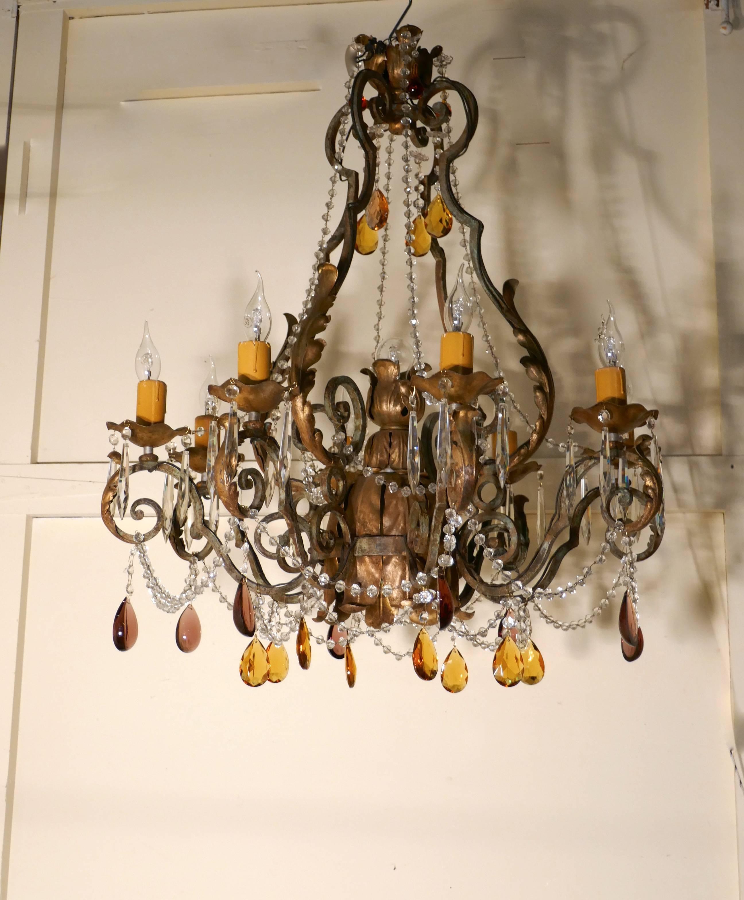 Very Large French Wrought Iron and Gilt Eight Branch Chandelier 6