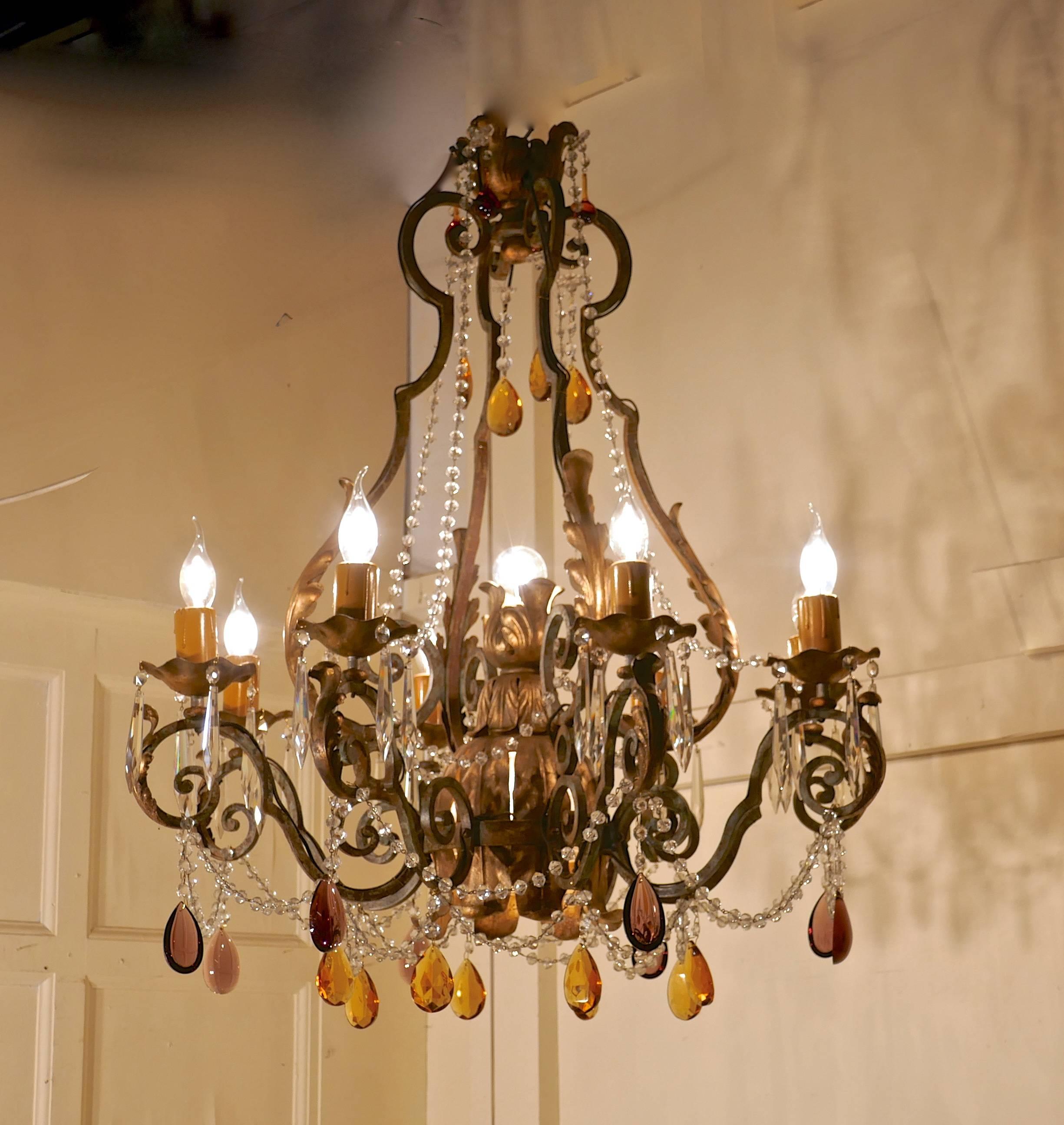 Very Large French Wrought Iron and Gilt Eight Branch Chandelier 7