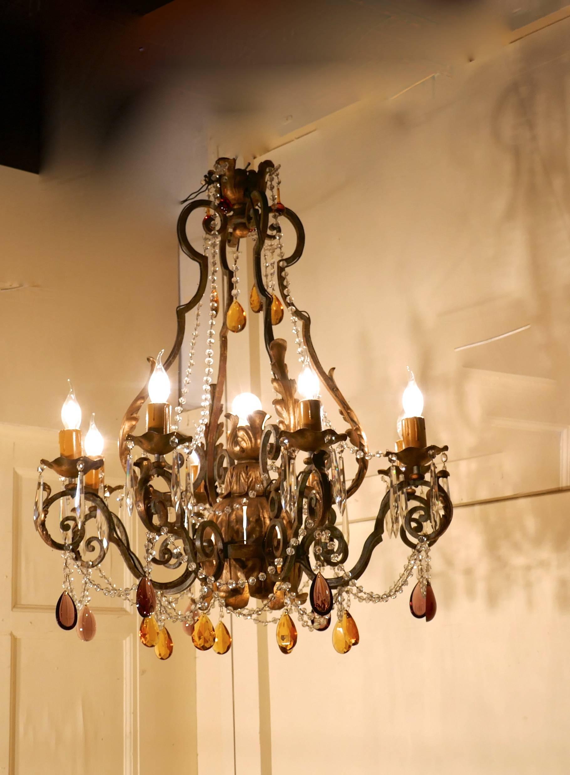Very Large French Wrought Iron and Gilt Eight Branch Chandelier 8