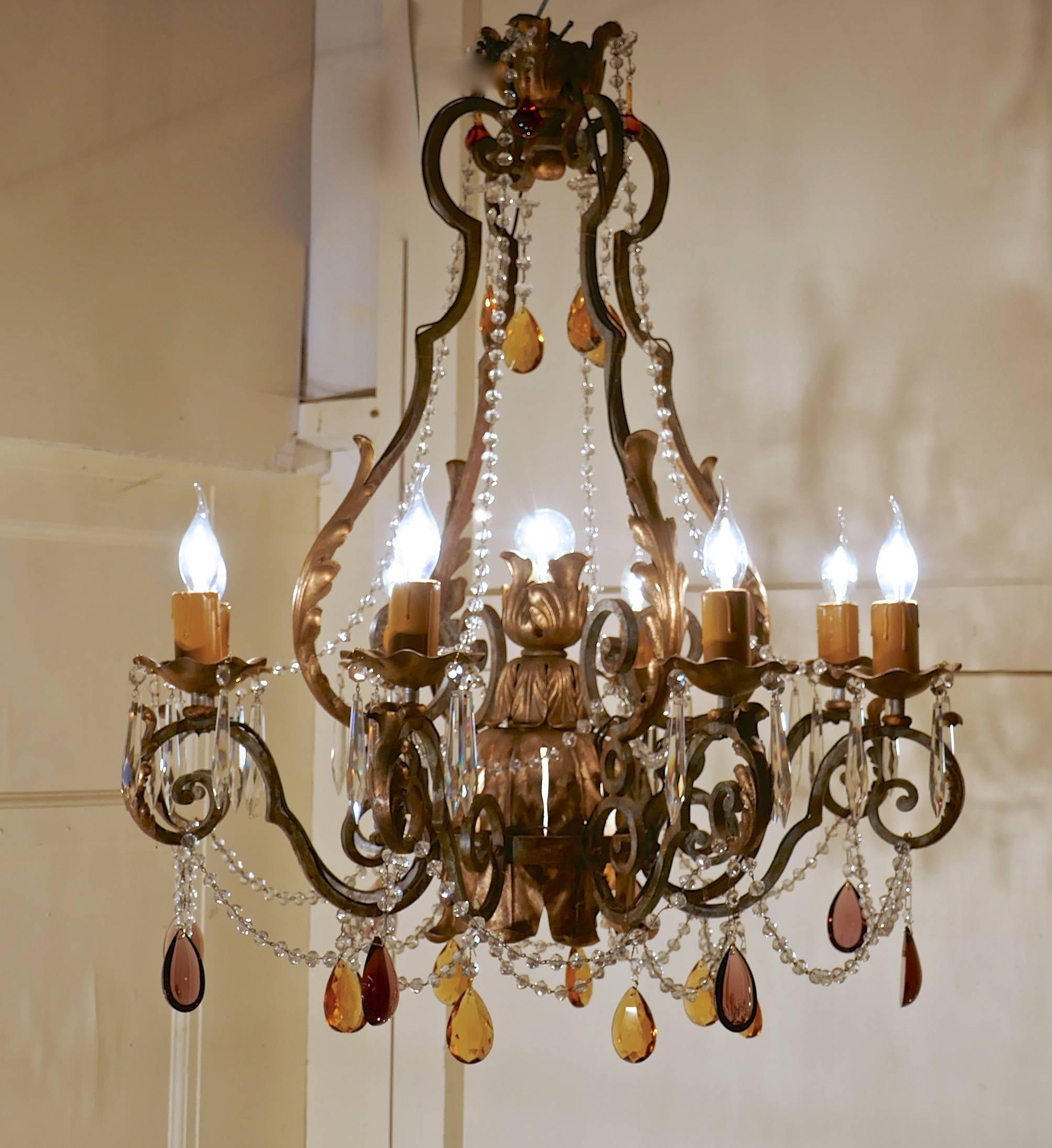 19th Century Very Large French Wrought Iron and Gilt Eight Branch Chandelier