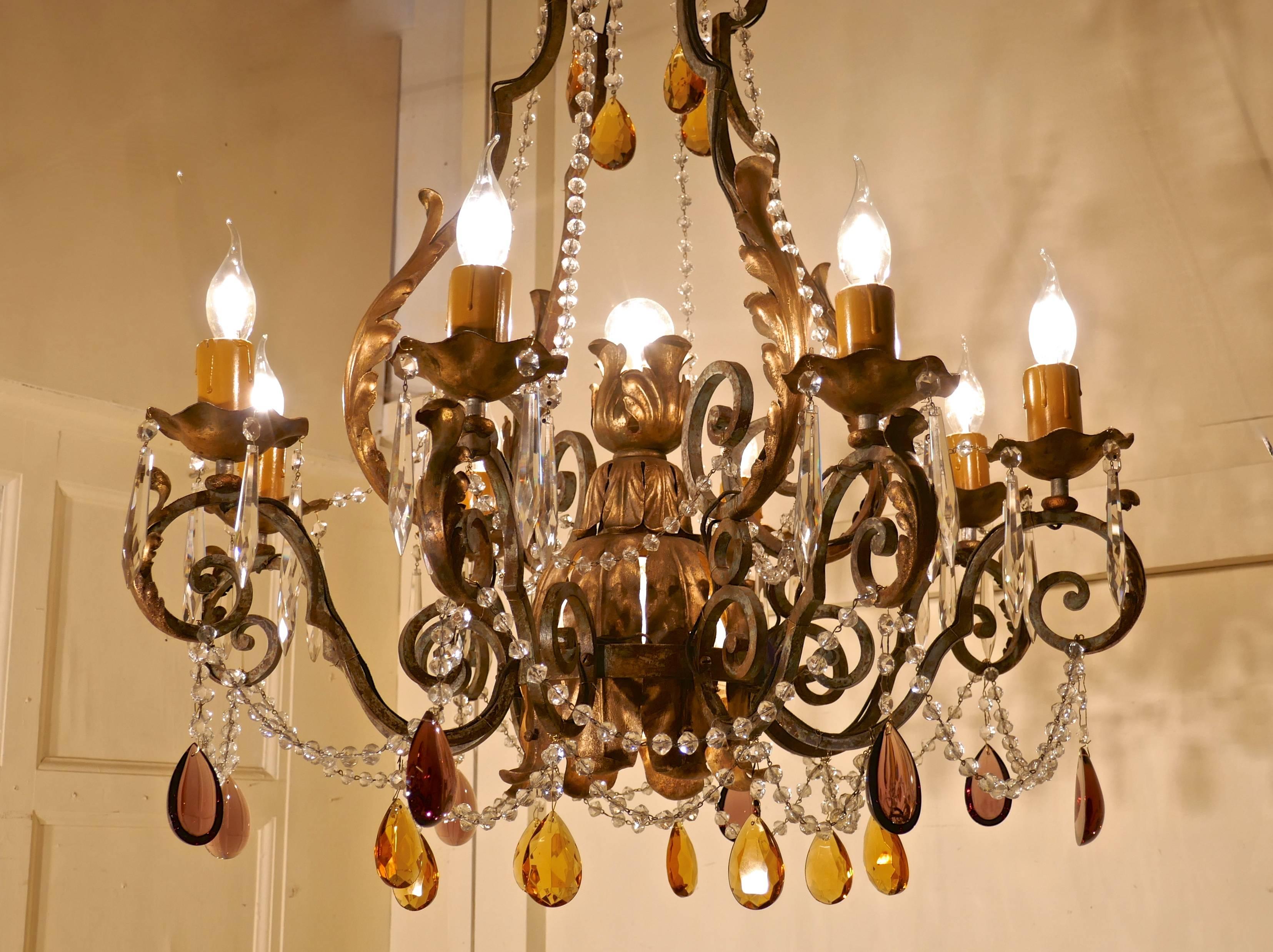 Very Large French Wrought Iron and Gilt Eight Branch Chandelier 1