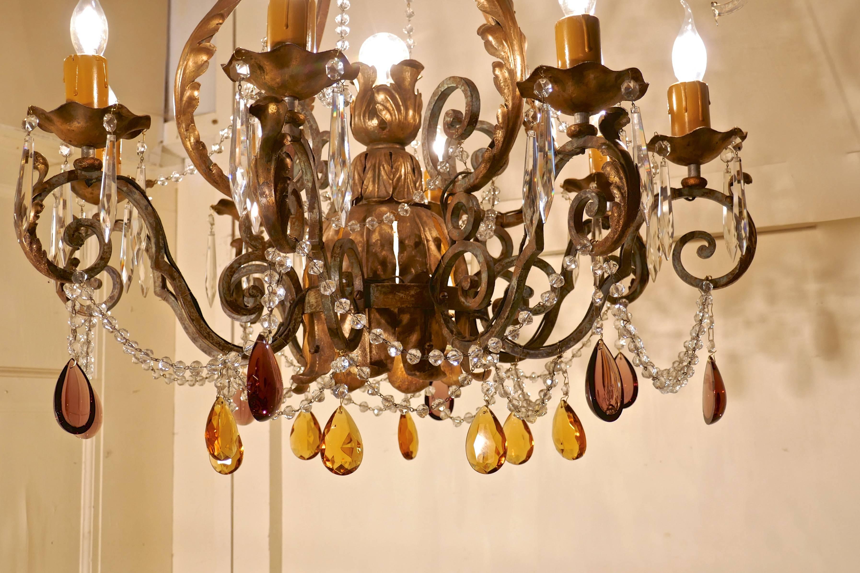 Very Large French Wrought Iron and Gilt Eight Branch Chandelier 2