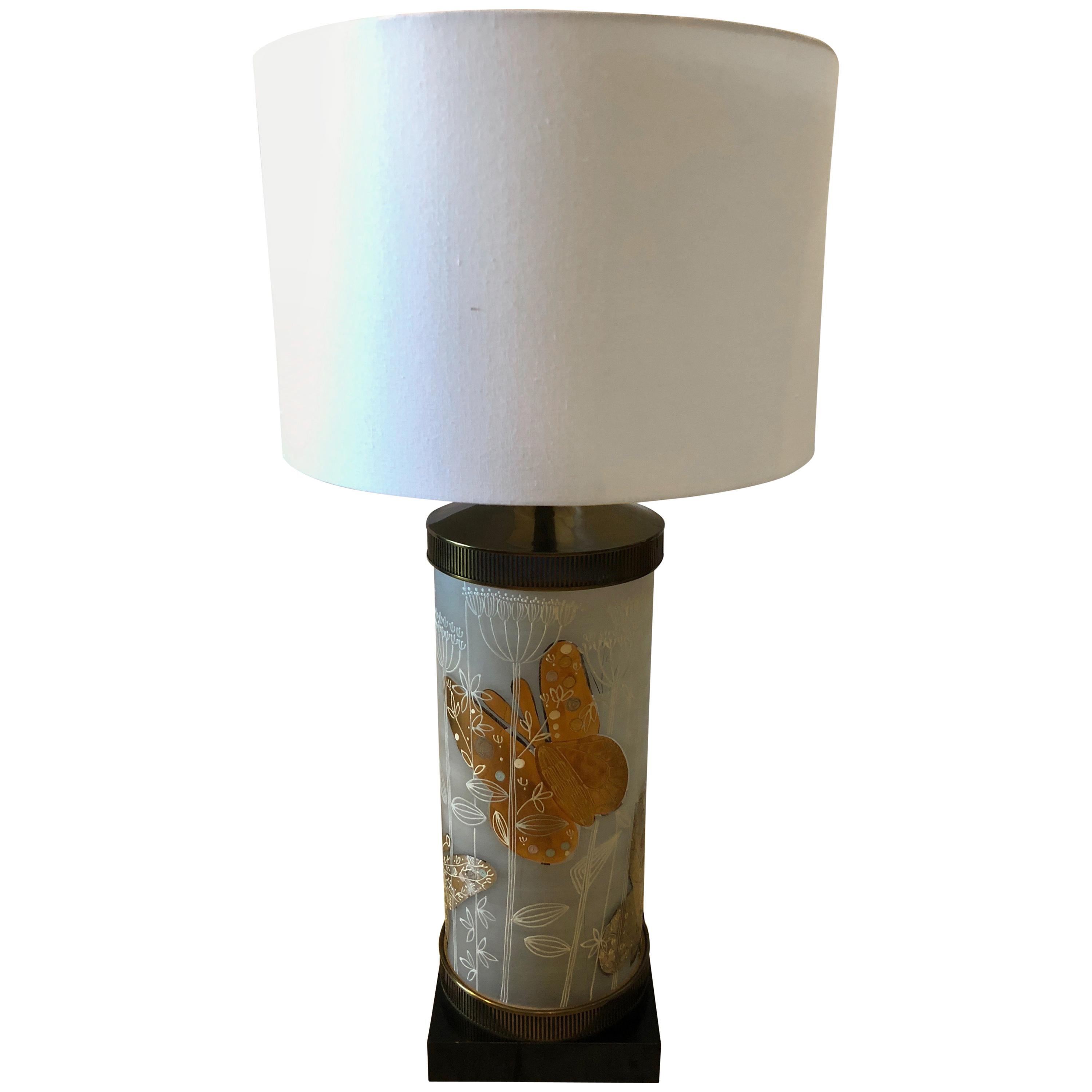 Very Large Mid-Century Modern Cylindrical Butterfly Motife Table Lamp