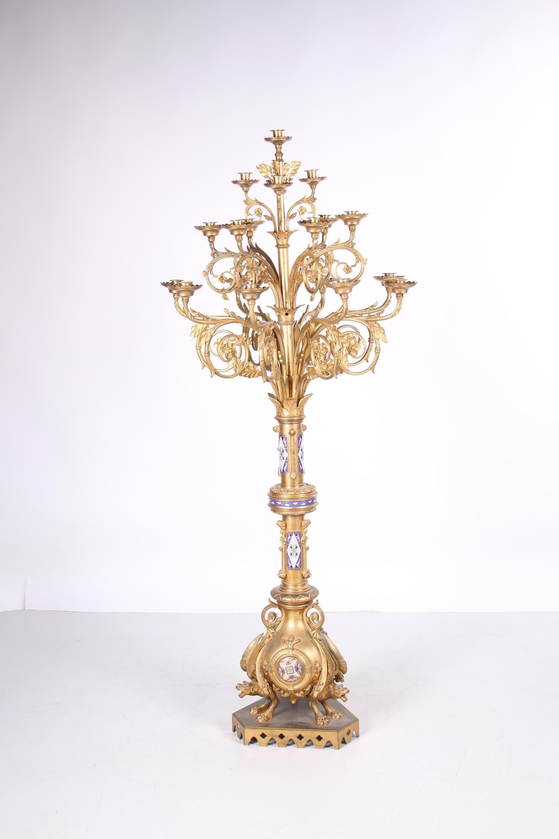 Very Large Geogothic Bronze Gilded 18-Armed Candlestick, 19th Century 13