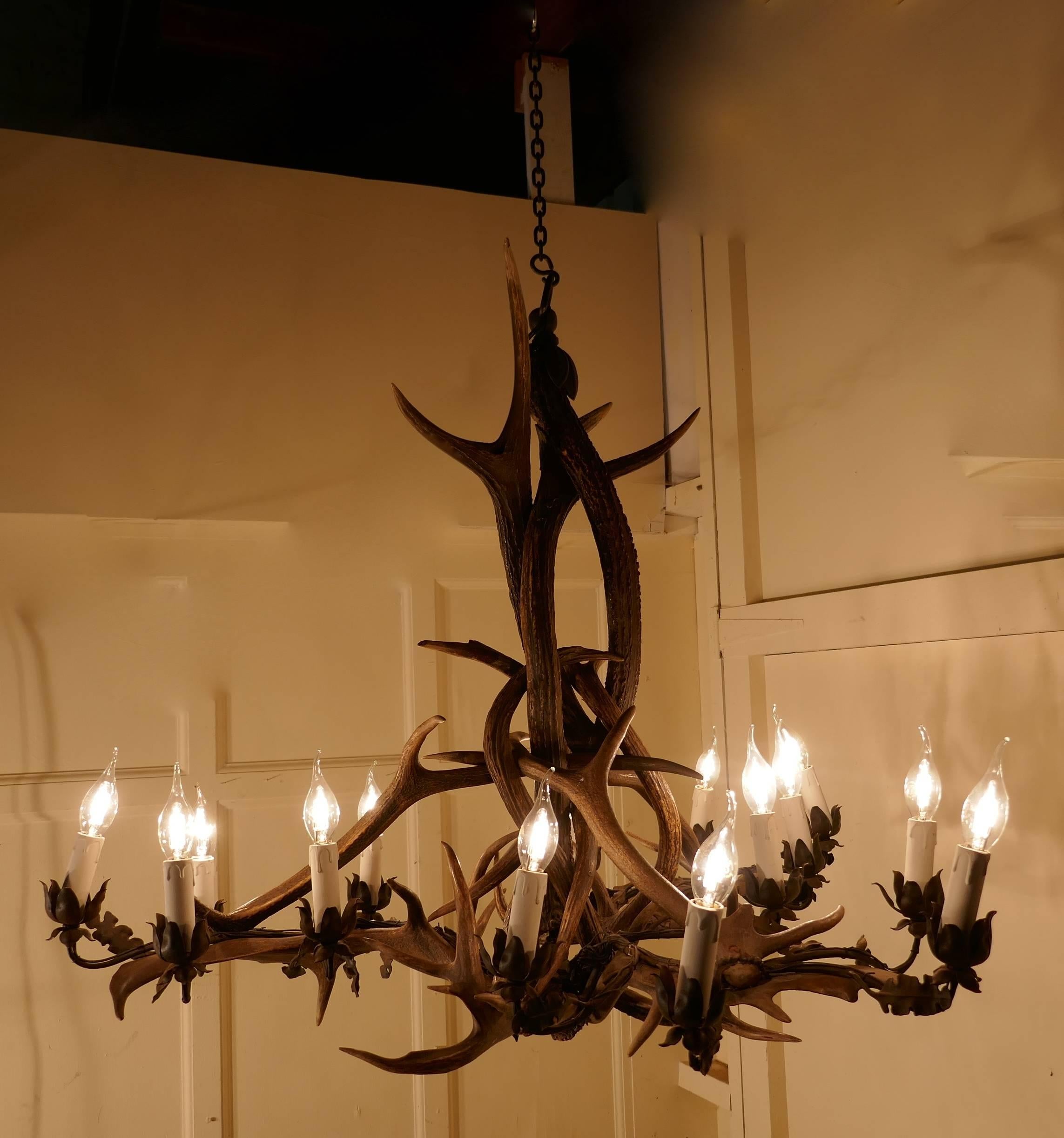 Very Large German 19th Century Black Forrest Stag Antler Hanging Chandelier In Good Condition In Chillerton, Isle of Wight