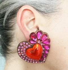 Very large gilt and colored paste 'heart' earrings, Yves Saint Laurent, 1980s.