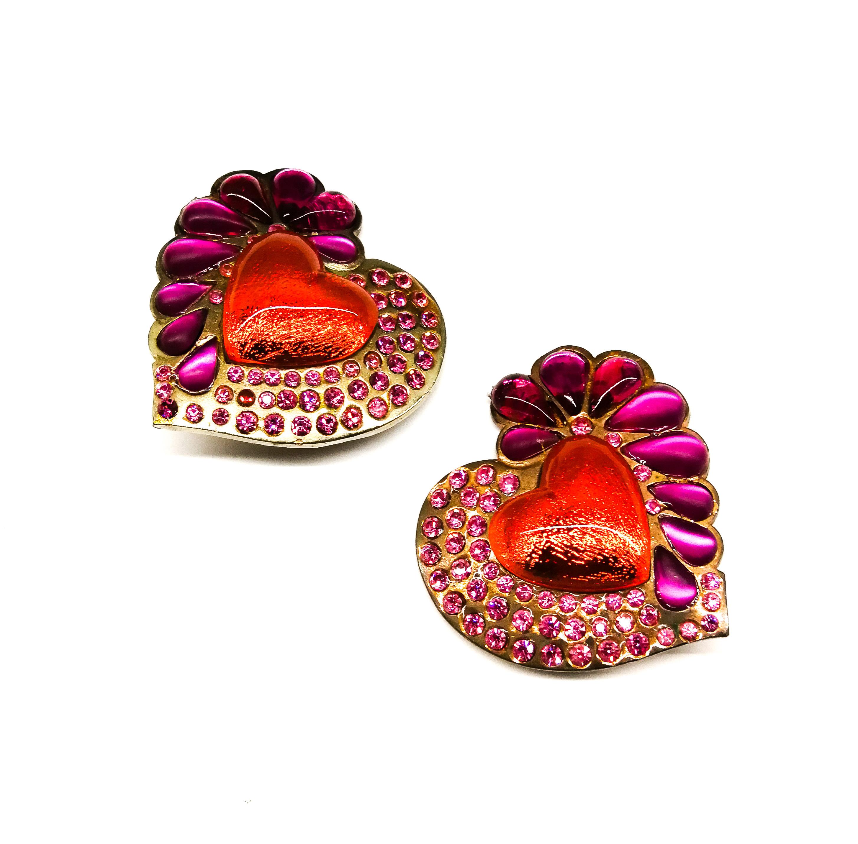 Women's Very large gilt and colored paste 'heart' earrings, Yves Saint Laurent, 1980s. For Sale