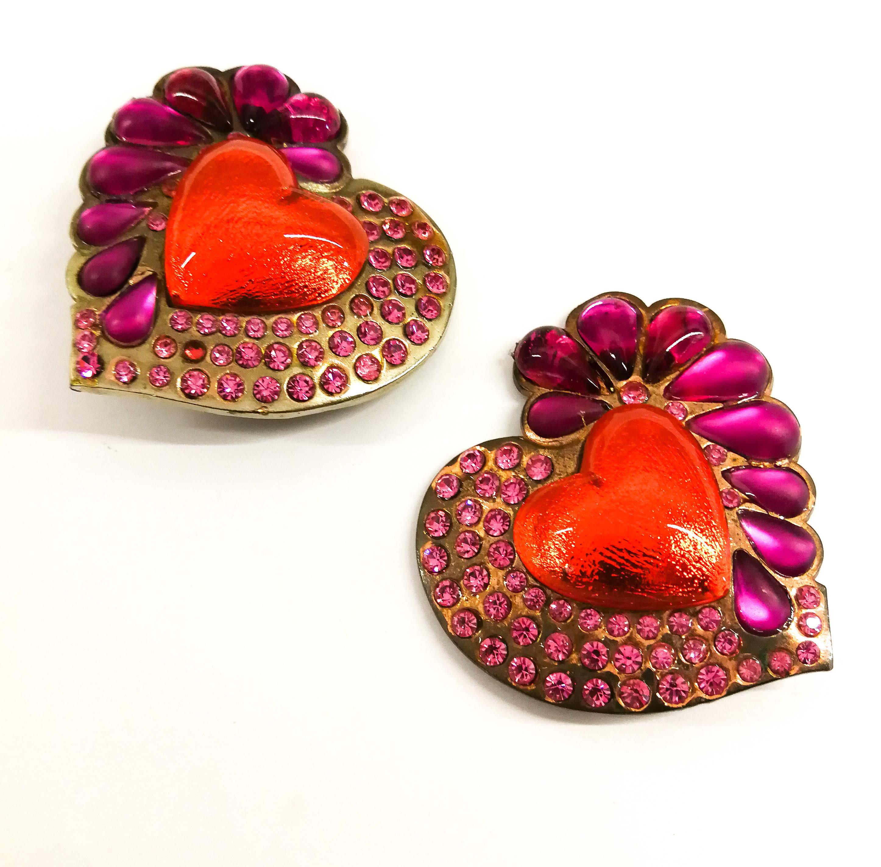 Very large gilt and colored paste 'heart' earrings, Yves Saint Laurent, 1980s. For Sale 1