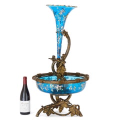 Very Large Gilt Bronze and Bohemian Blue Enameled Glass Centerpiece