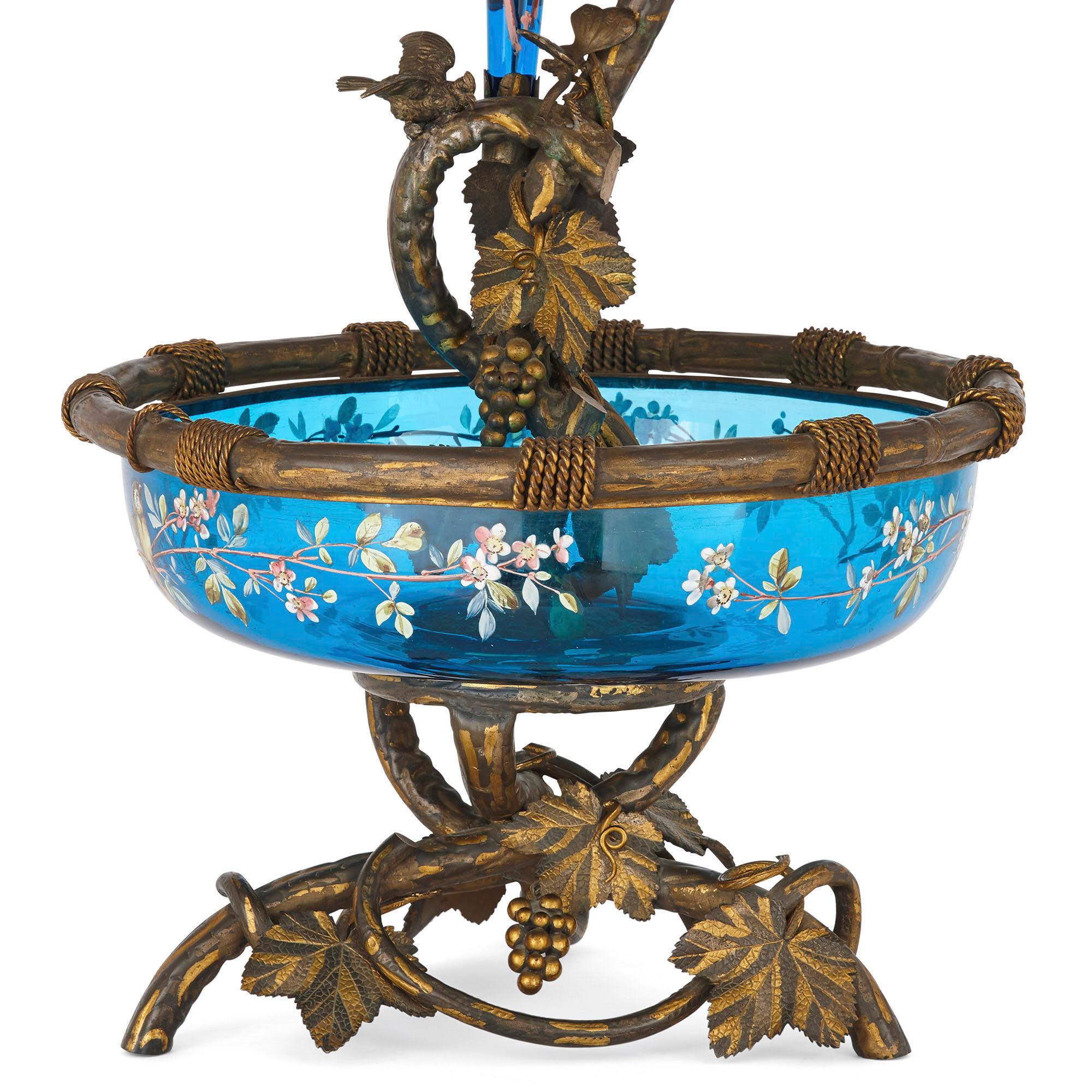 Czech Very Large Gilt Bronze and Bohemian Blue Enameled Glass Centerpiece For Sale