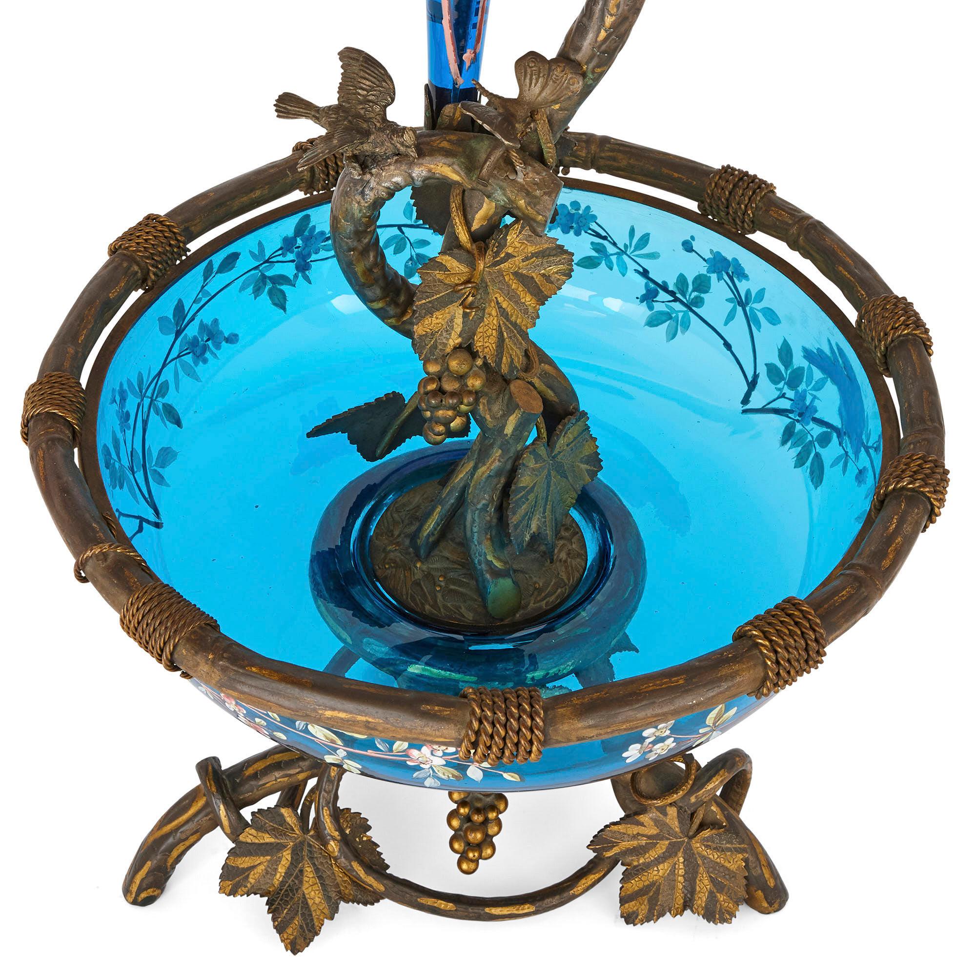 Very Large Gilt Bronze and Bohemian Blue Enameled Glass Centerpiece In Good Condition For Sale In London, GB