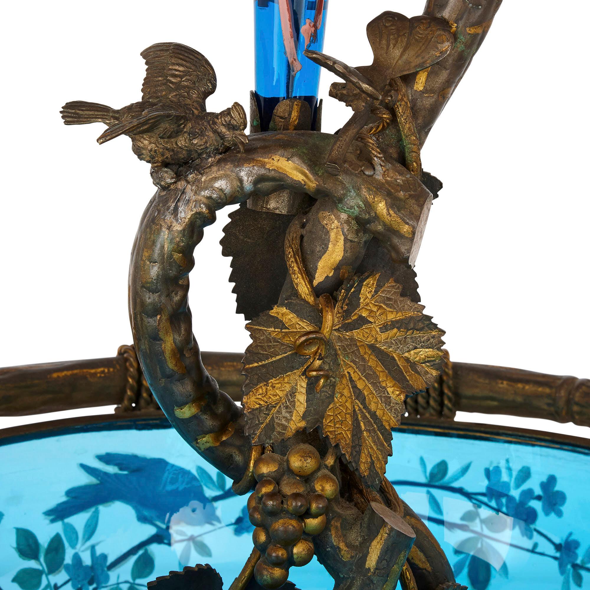 19th Century Very Large Gilt Bronze and Bohemian Blue Enameled Glass Centerpiece For Sale