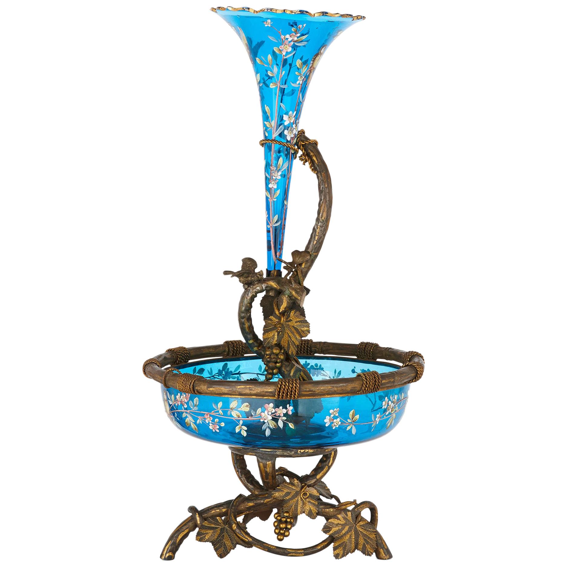 Very Large Gilt Bronze and Bohemian Blue Enameled Glass Centerpiece For Sale