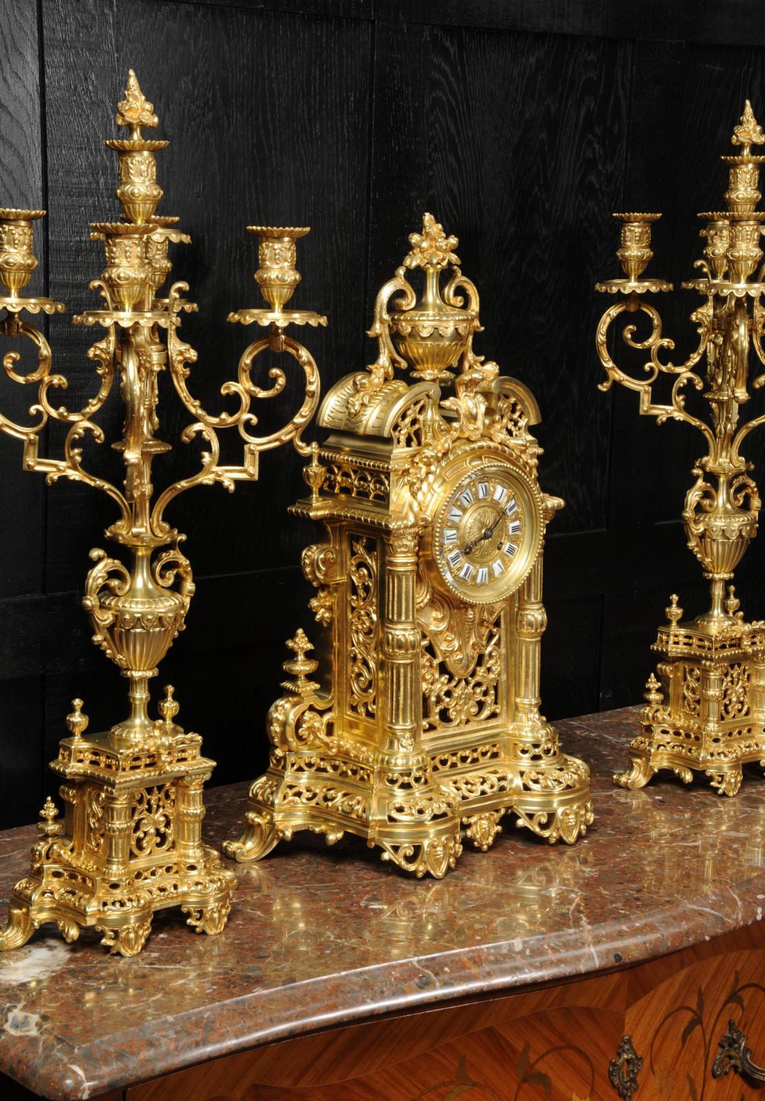 Very Large Gilt Bronze Baroque Clock Set Antique French 7