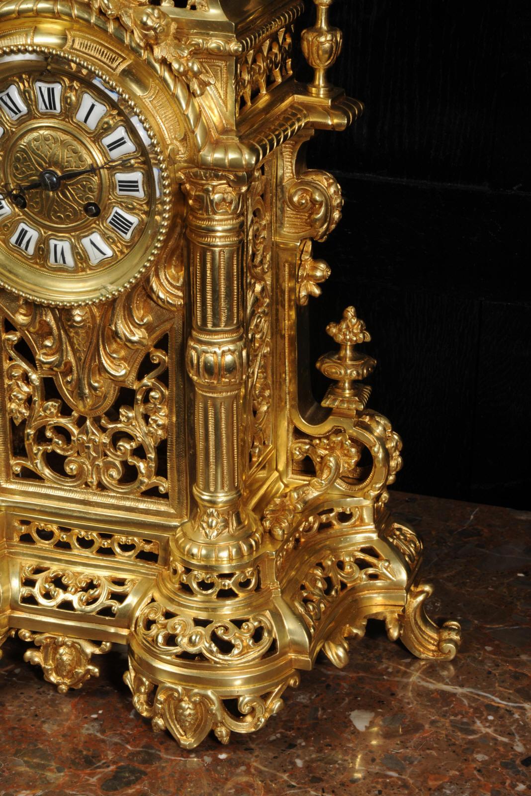 Very Large Gilt Bronze Baroque Clock Set Antique French 8