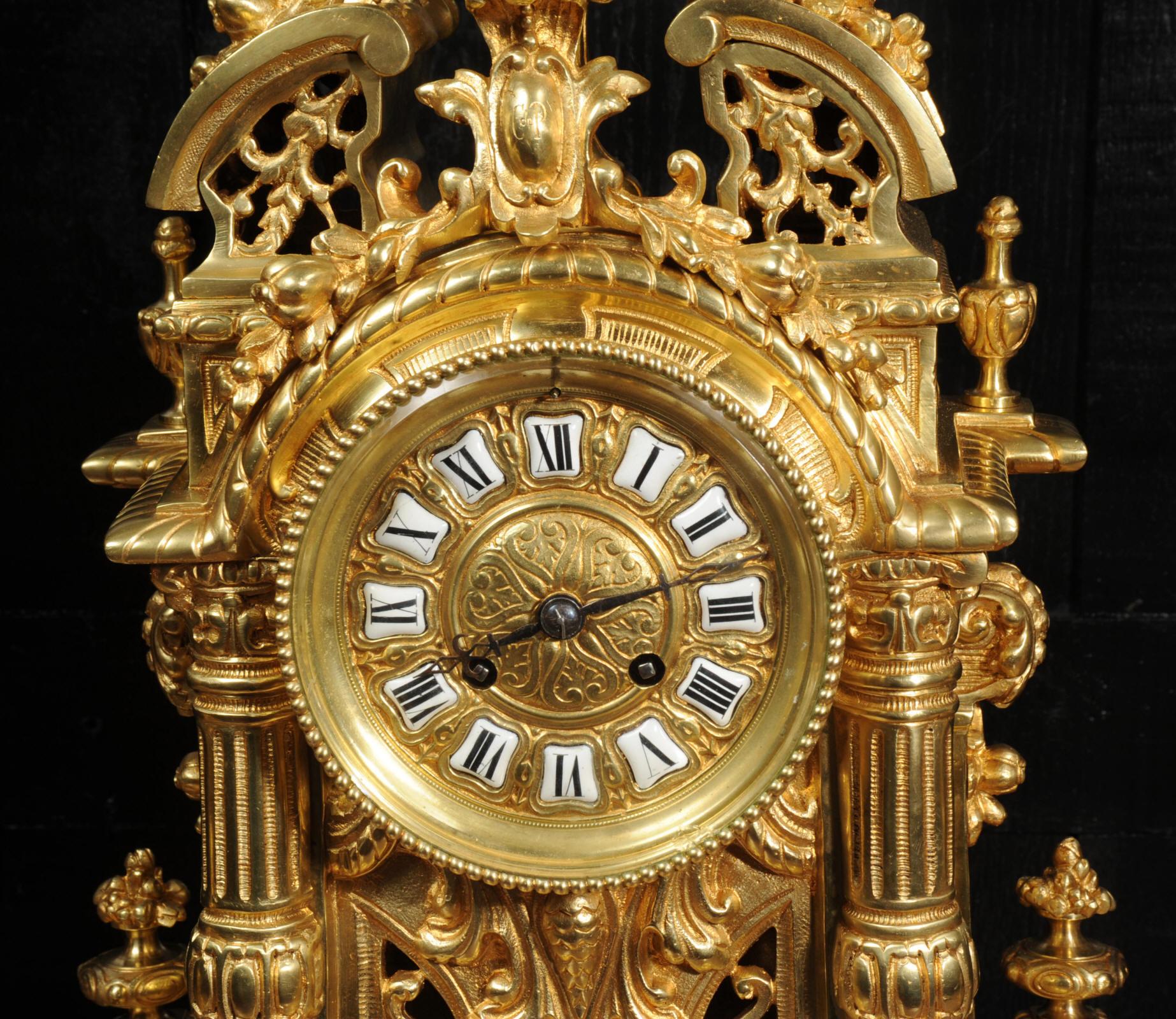 Very Large Gilt Bronze Baroque Clock Set Antique French 11