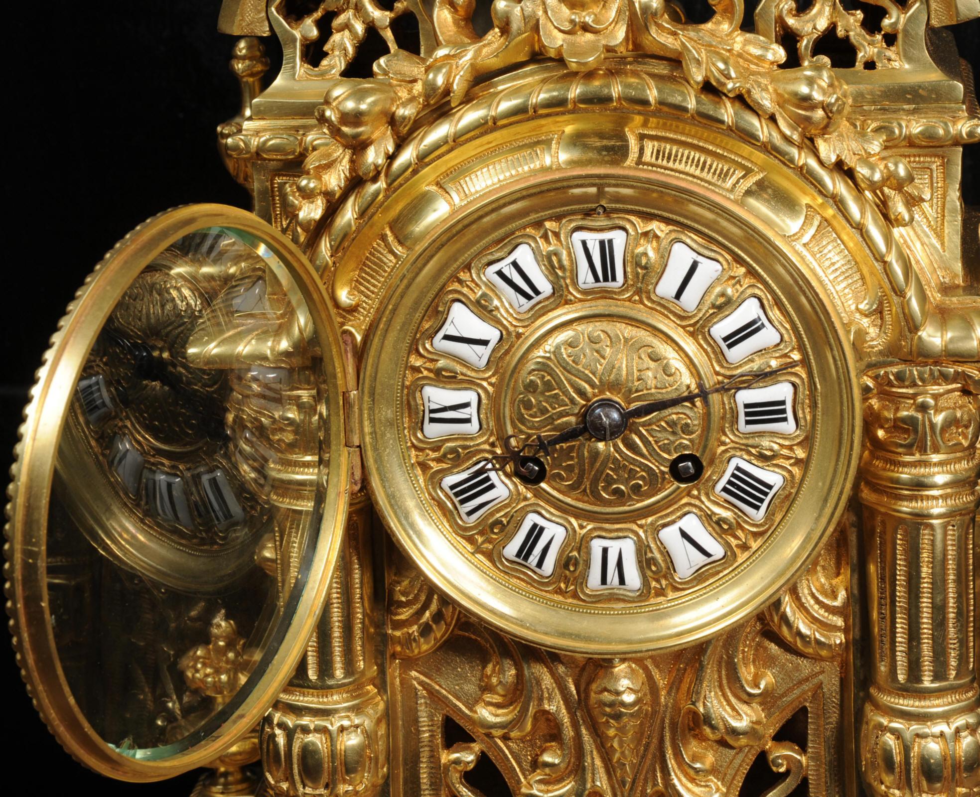 Very Large Gilt Bronze Baroque Clock Set Antique French 12