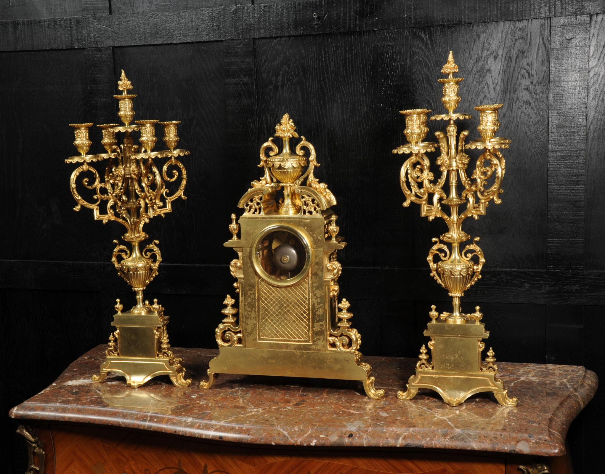 Very Large Gilt Bronze Baroque Clock Set Antique French 14