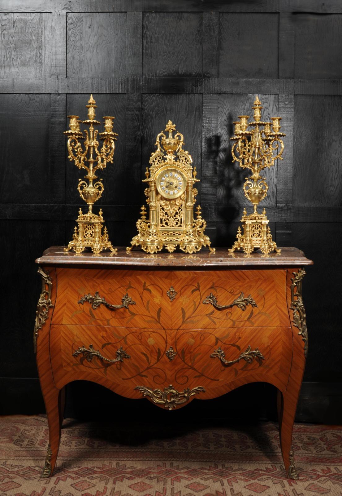 Very Large Gilt Bronze Baroque Clock Set Antique French In Good Condition In Belper, Derbyshire