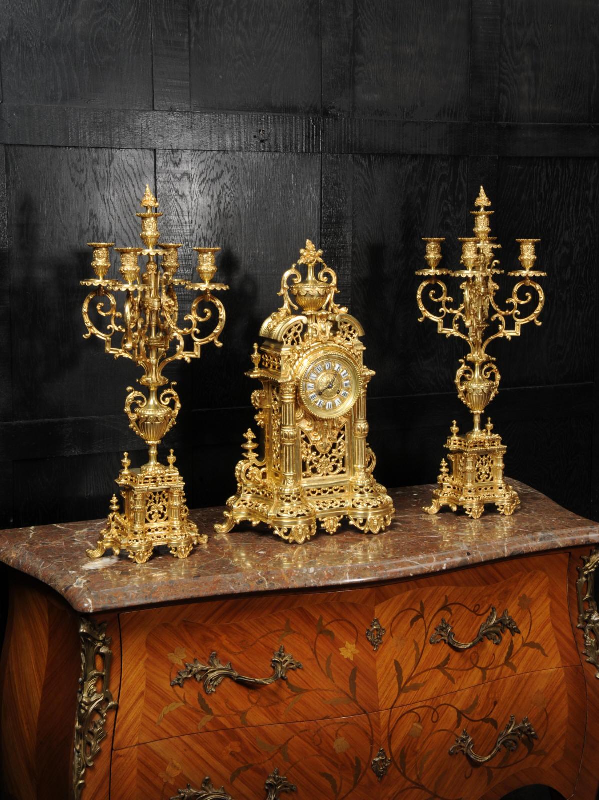 Very Large Gilt Bronze Baroque Clock Set Antique French 1