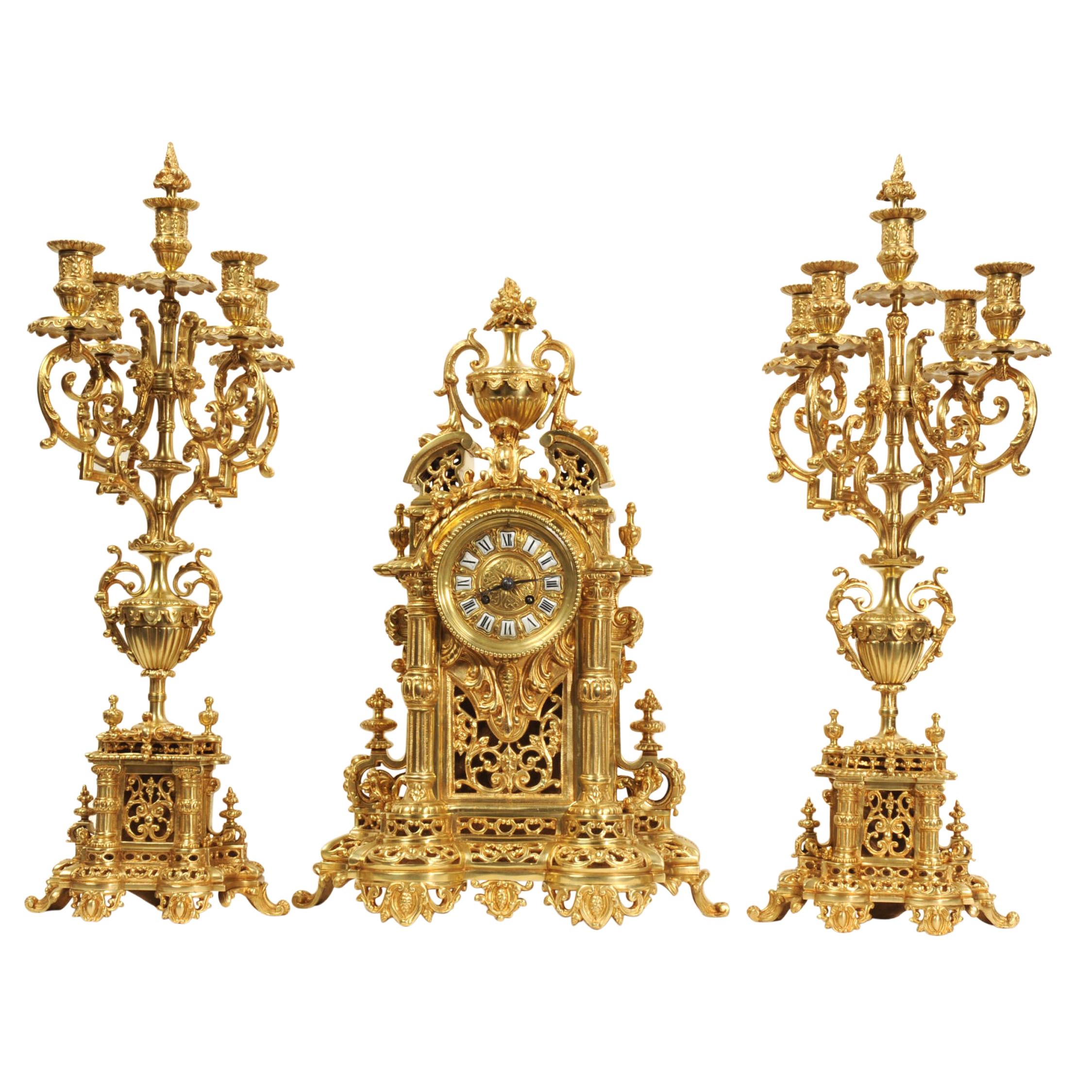 Very Large Gilt Bronze Baroque Clock Set Antique French