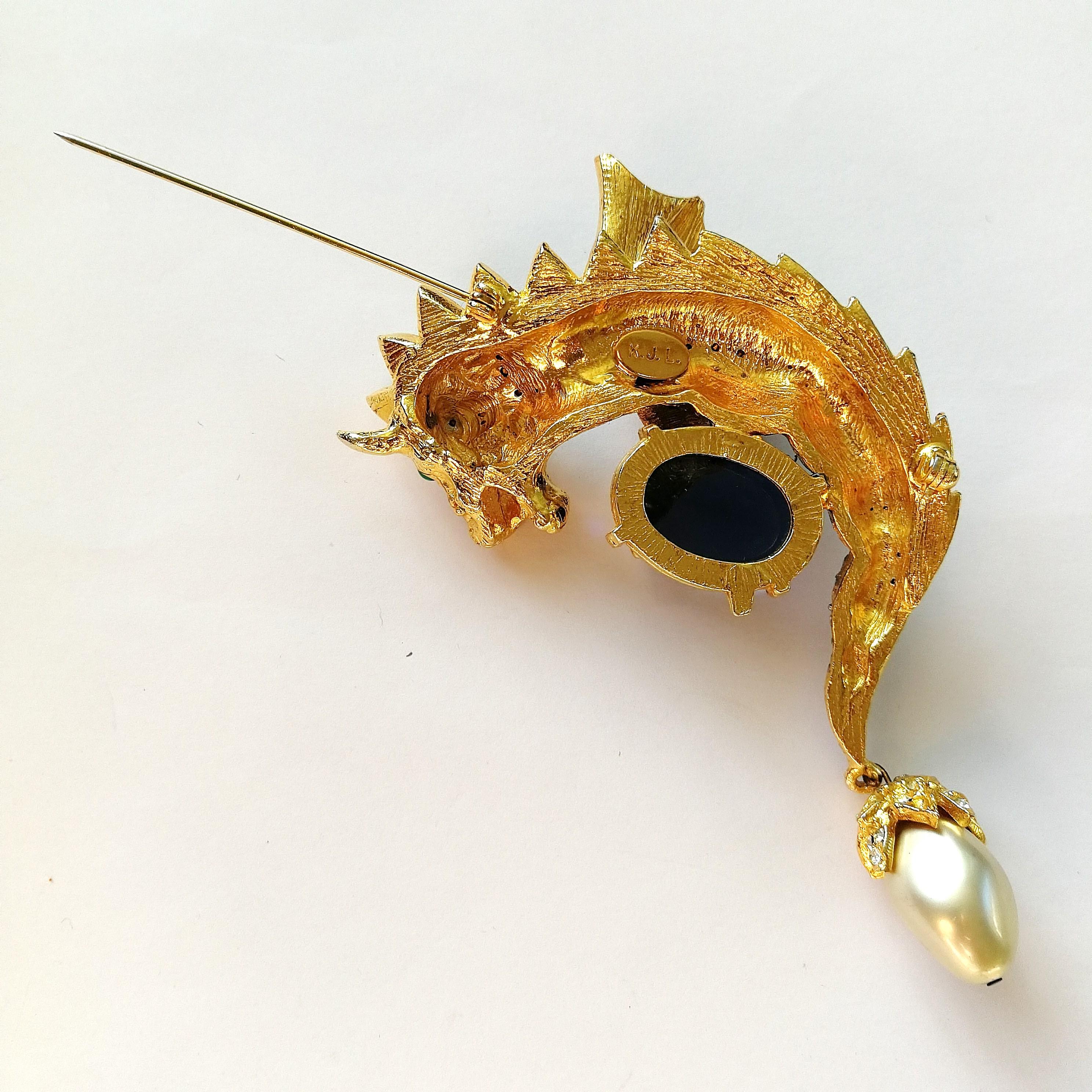 Very large gilt metal and paste 'greedy dragon' brooch, Kenneth Jay Lane, 1960s 2