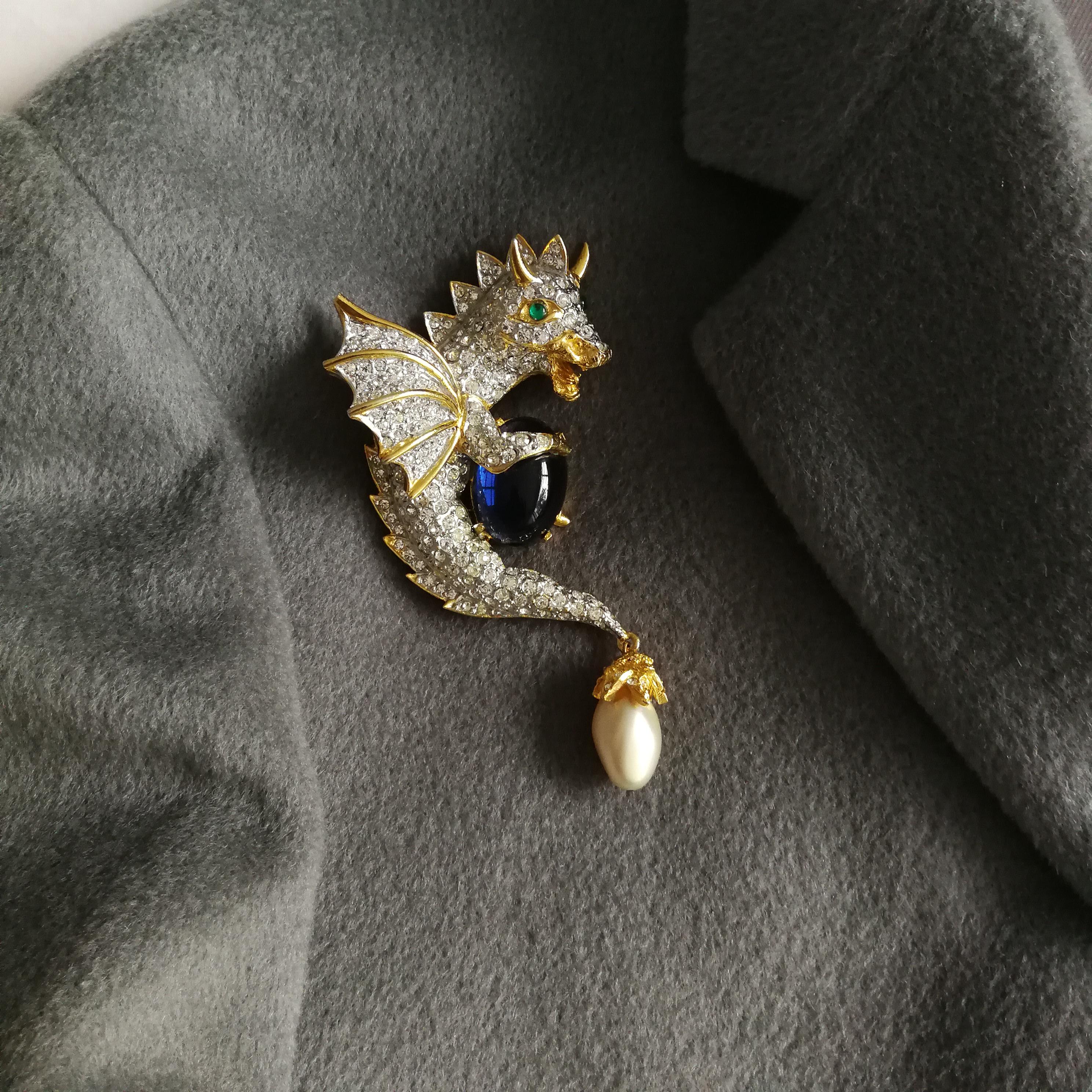 Very large gilt metal and paste 'greedy dragon' brooch, Kenneth Jay Lane, 1960s 4
