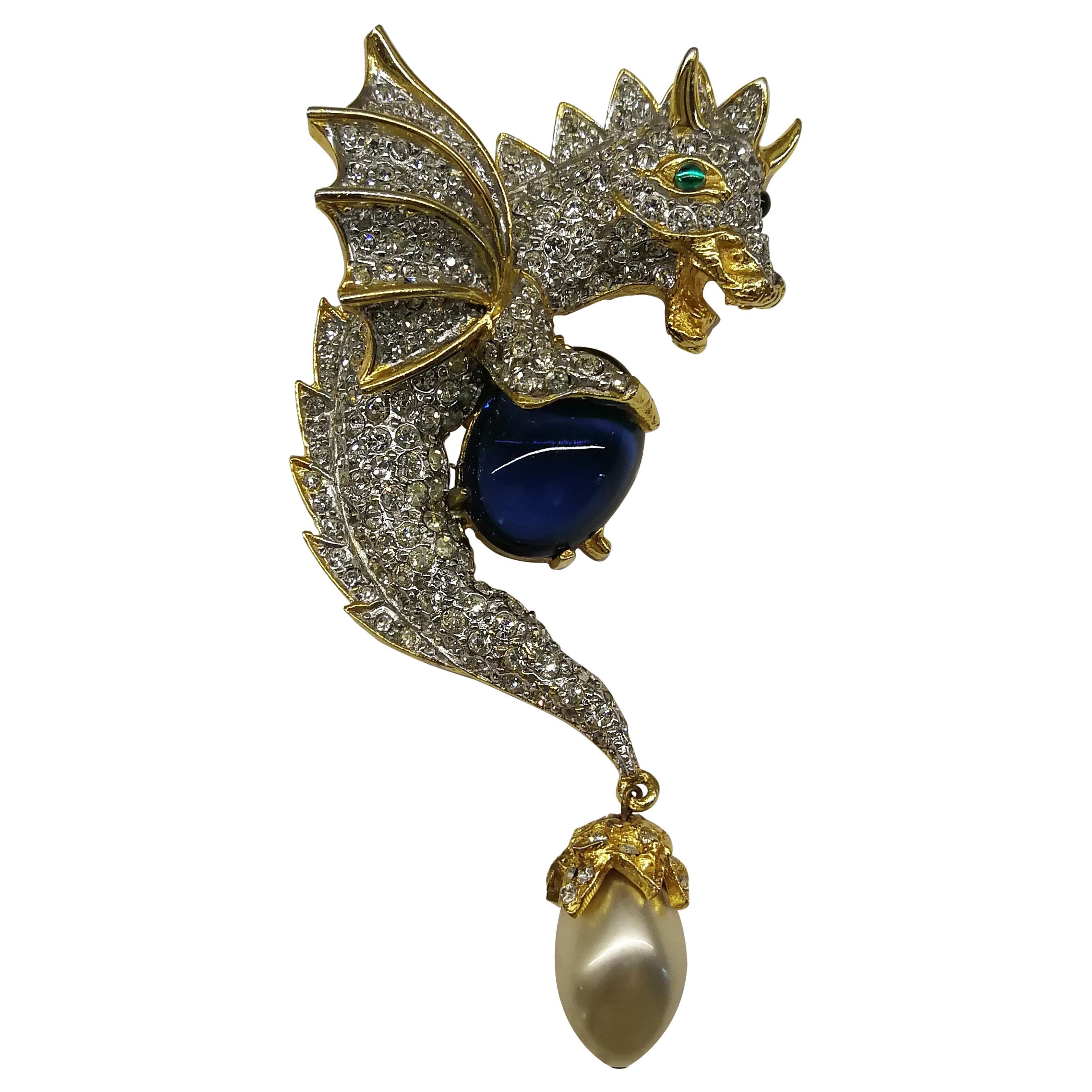 Very large gilt metal and paste 'greedy dragon' brooch, Kenneth Jay Lane, 1960s